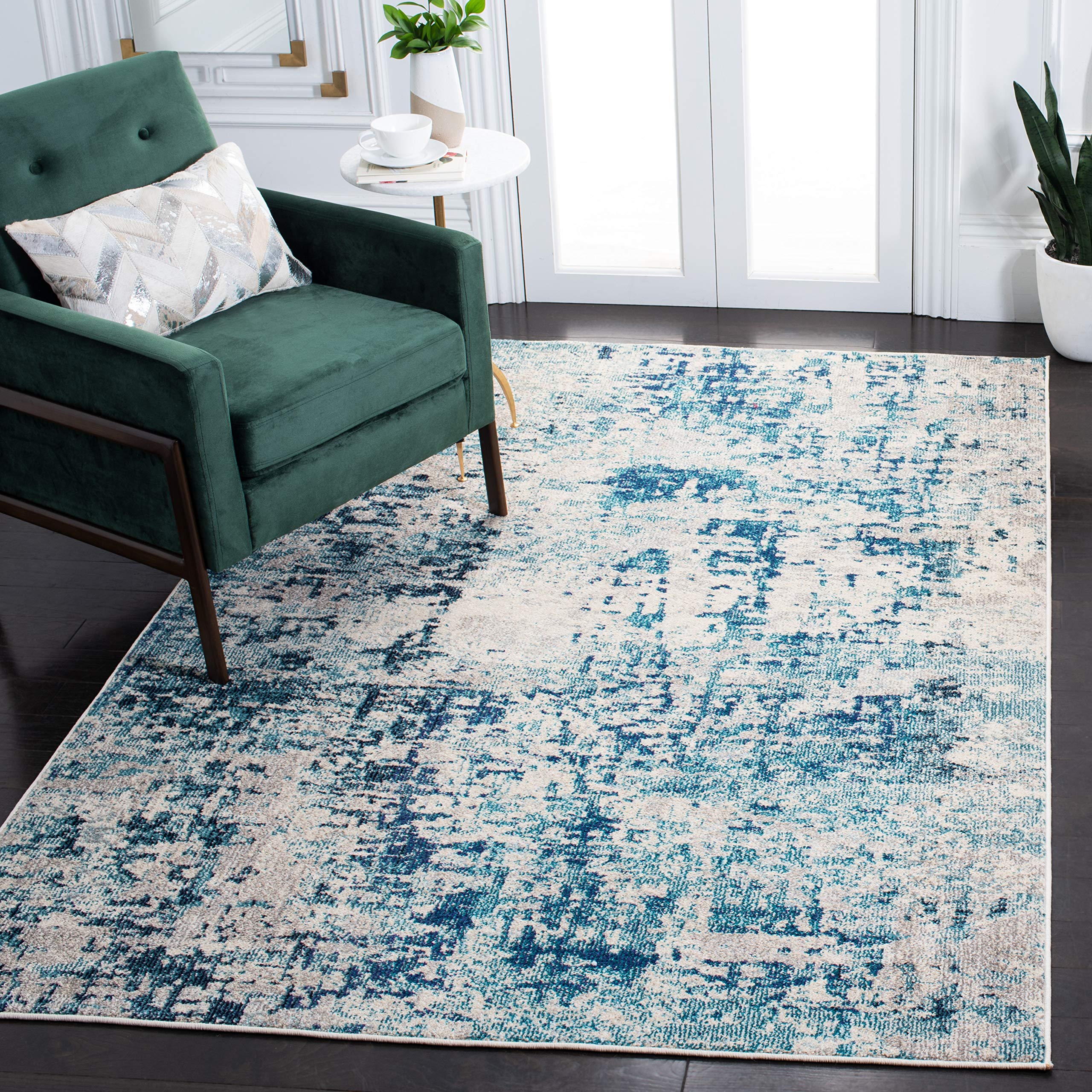 Alfombra marfil y azul Safavieh Madison de pelo corto para dormitorio de 91x152 cm