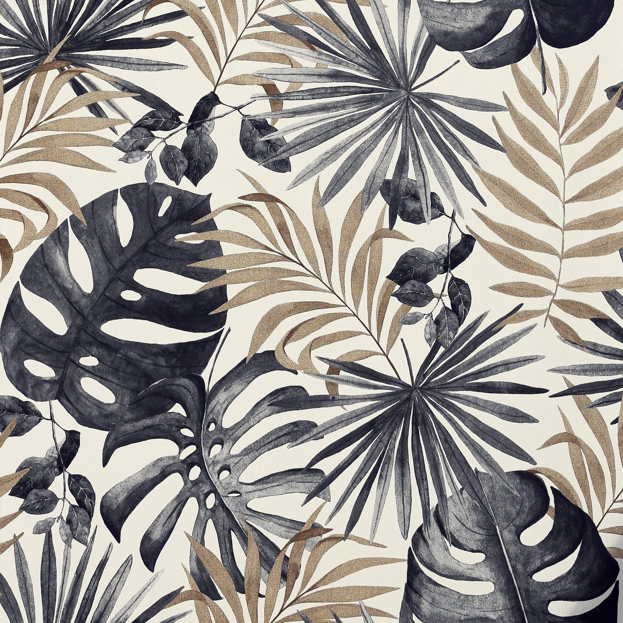 Jungle Wall Wallpaper Palm Leaves Tropical Black Gold Metallic Textured Vinyl