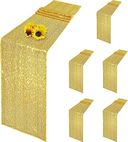 Paquete de 6 caminos de mesa de lentejuelas doradas, camino de mesa de 12 x 72 pulgadas de largo para decoración de mesas, fiestas de cumpleaños,