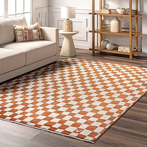 nuLOOM Dominique - Alfombra abstracta con flecos a cuadros, 6 pies 7 pulgadas x 10 pies 2 pulgadas, naranja disponible en Yaxa Peru