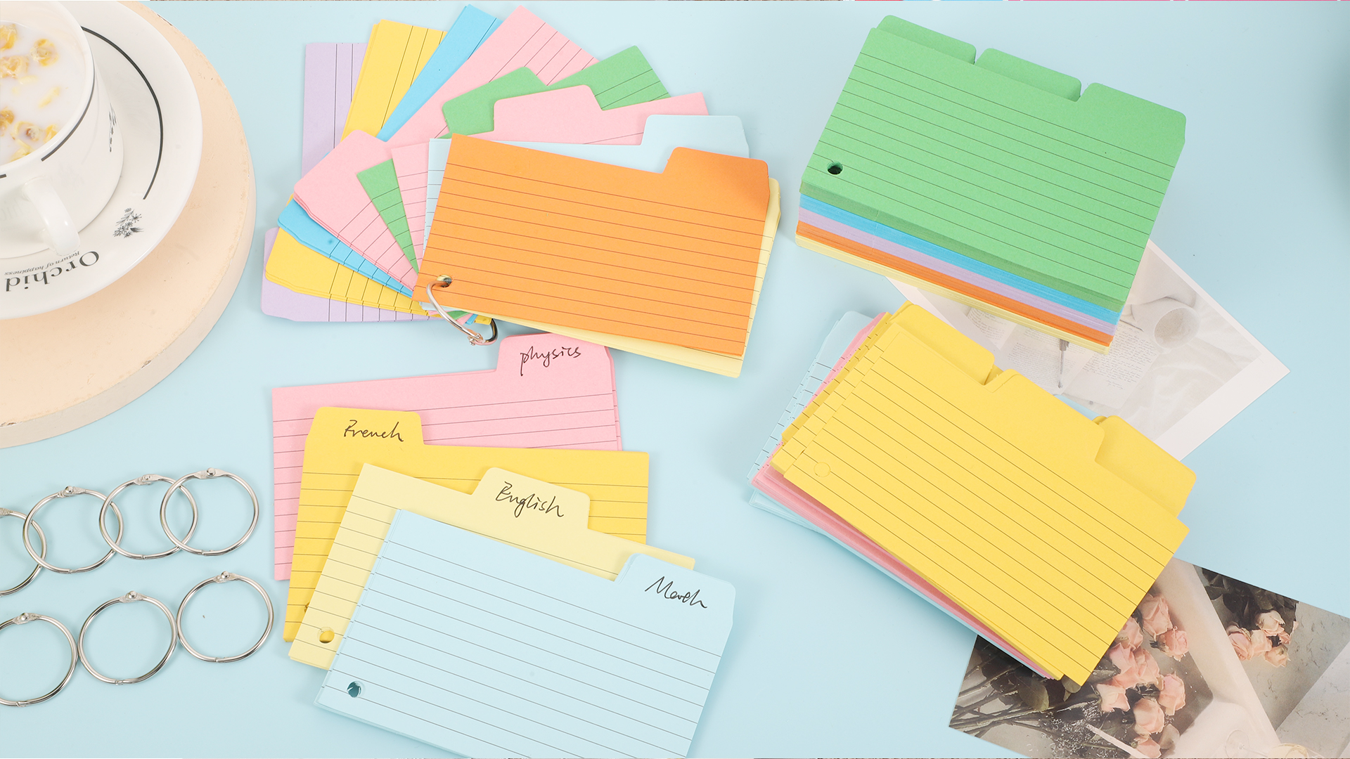 Lot De 300 Cartes Flash Colorées Lignées Avec Onglets De Révision Avec