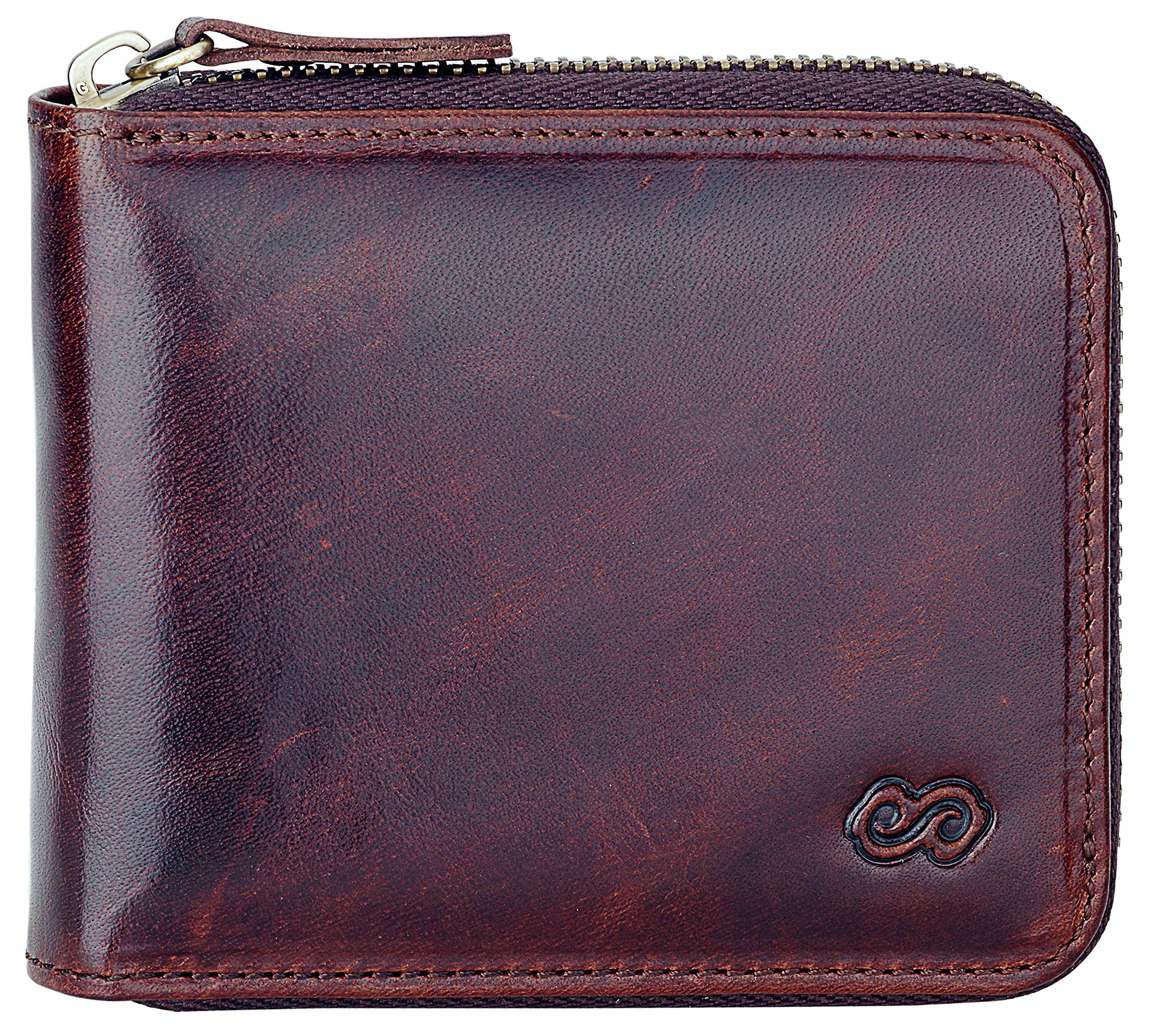 EE Men's Leather Zipper Wallet RFID Blocking Zip Around Wallet Bifold Multi Card Holder Purse dark brown