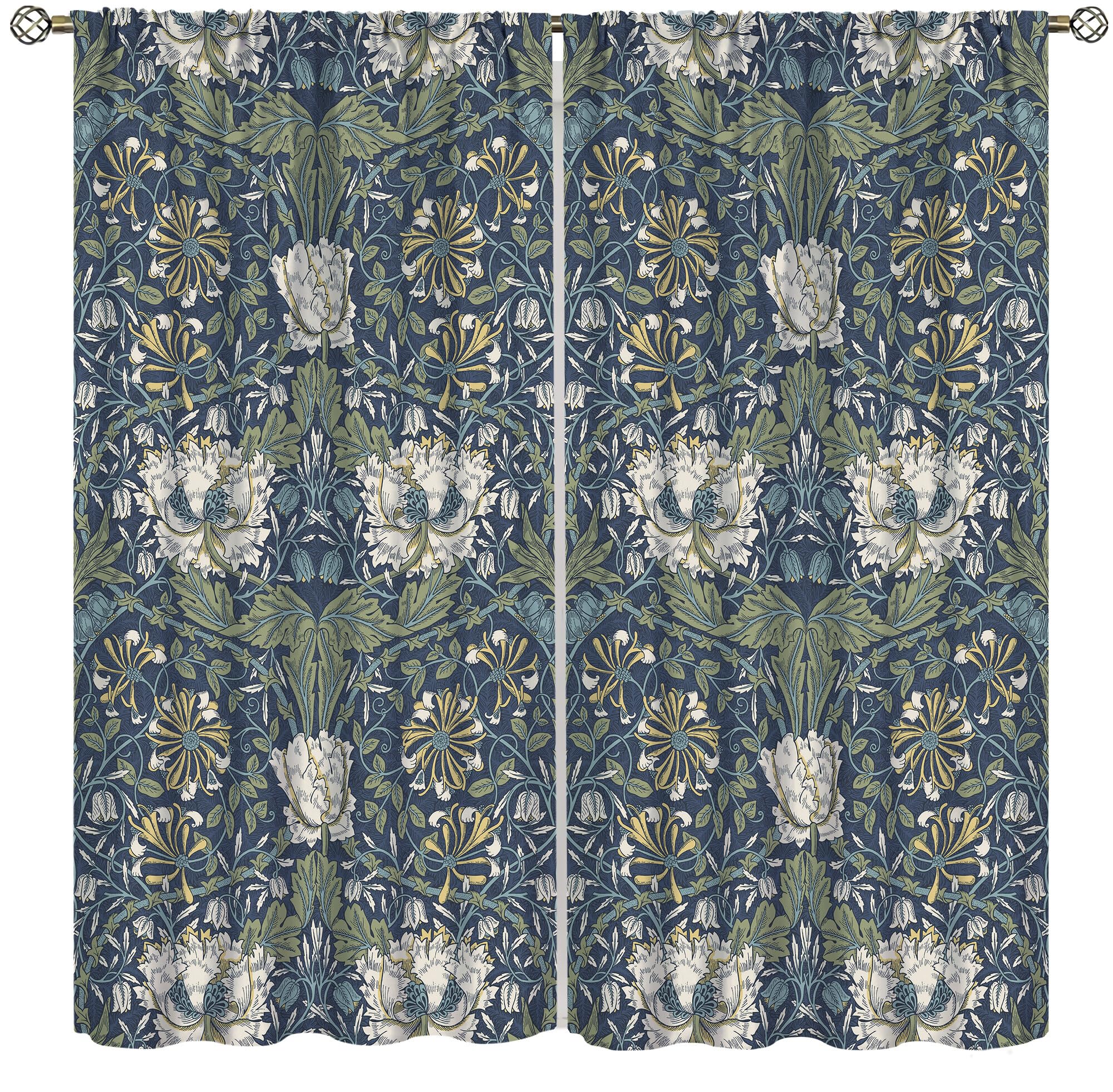William Morris Floral Curtains, Watercolor Vintage Flower Art Style Room Windows Treatments for Bedroom Living Room, Boho Chic Green Floral Printed