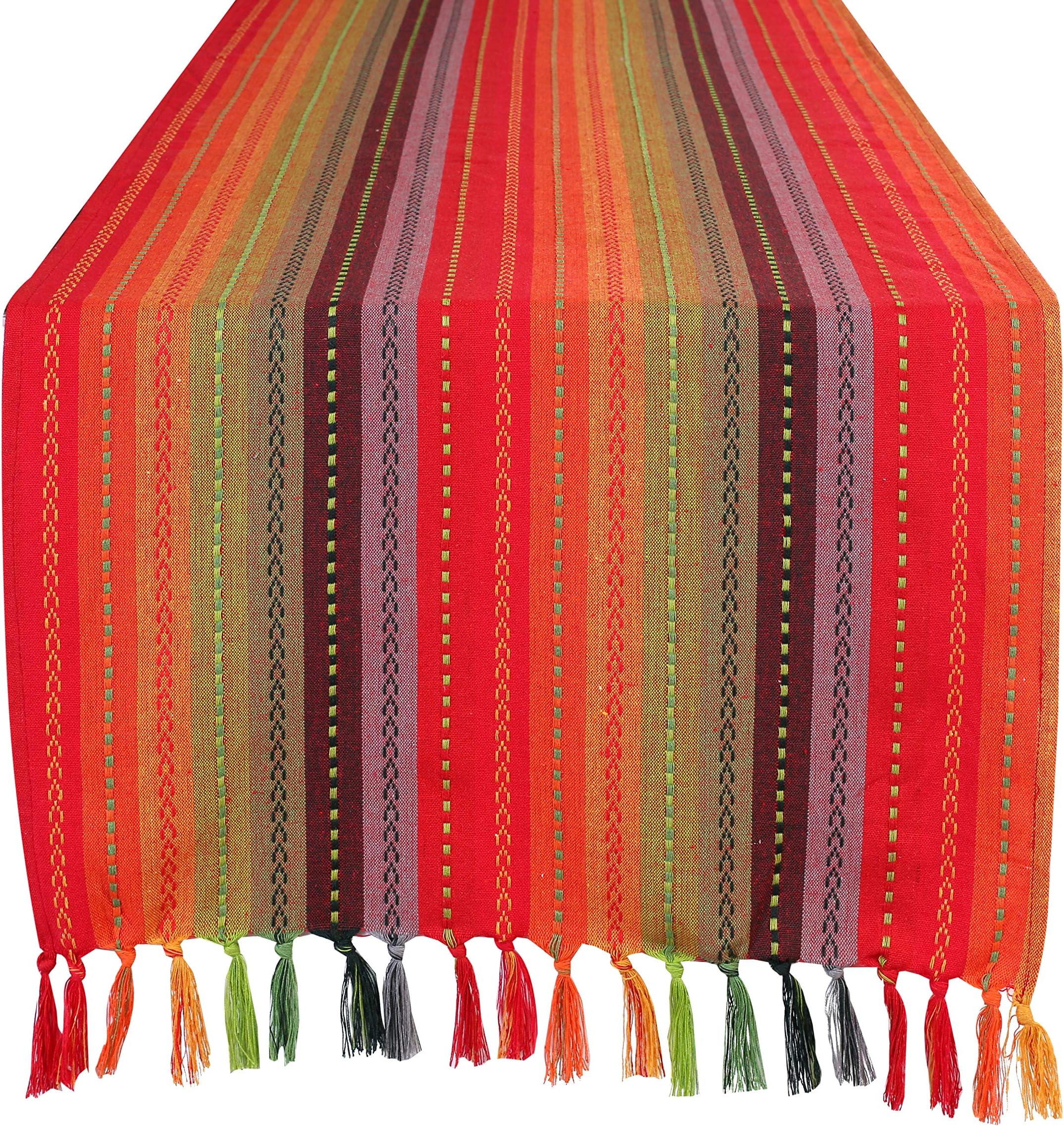 Salsa Stripe Hand Knotted Fringe Oversized Table Runner - 18x72 - Red Multi - 100% Cotton - Hand Woven by Skilled artisans - Hand Knotted Decorative Fringes - Set of 2