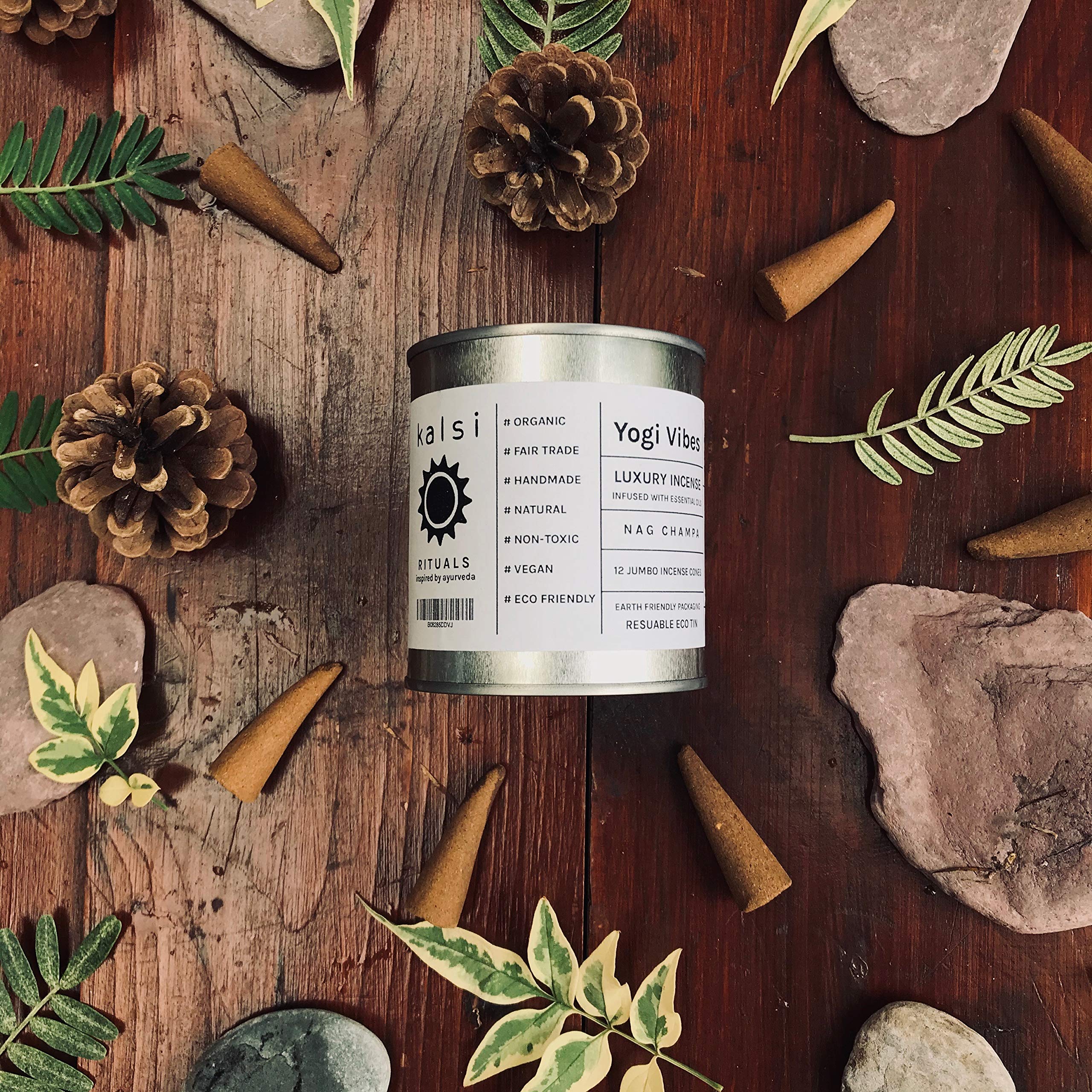 Kalsi Ayurveda Luxury Nag Champa Incense | Yogi Vibes | 20 Incense cones infused with essential oils | Vata Blend | Organic | Fair Trade | Natural | Non-toxic | Vegan | Eco friendly