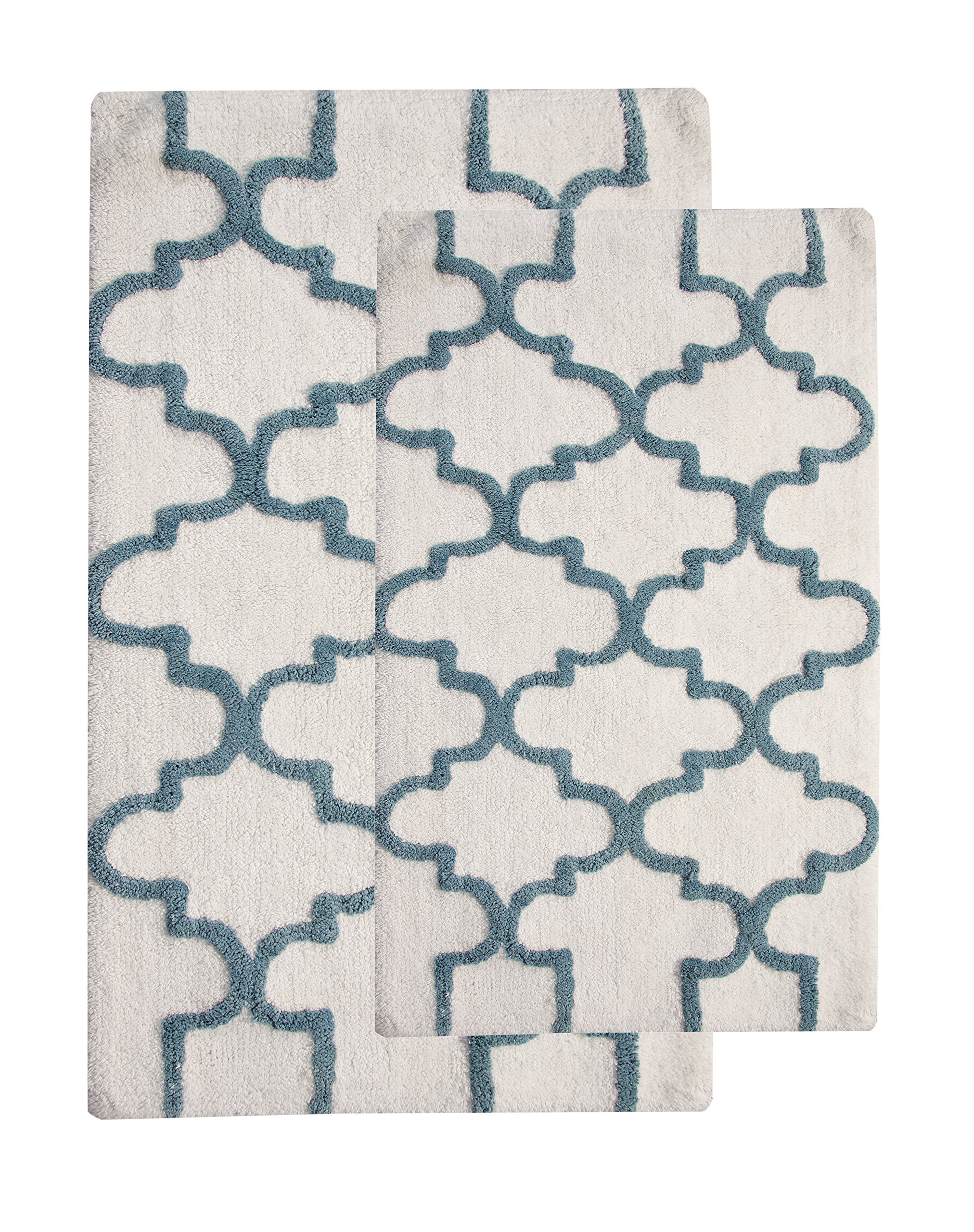 Saffron Fabs 2 Piece Bath Rug Set, 100% Soft Cotton, Size 24x17 Inch and 34x21 Inch, Latex Spray Non-Skid Backing, White/Arctic Blue, Geometric, 190