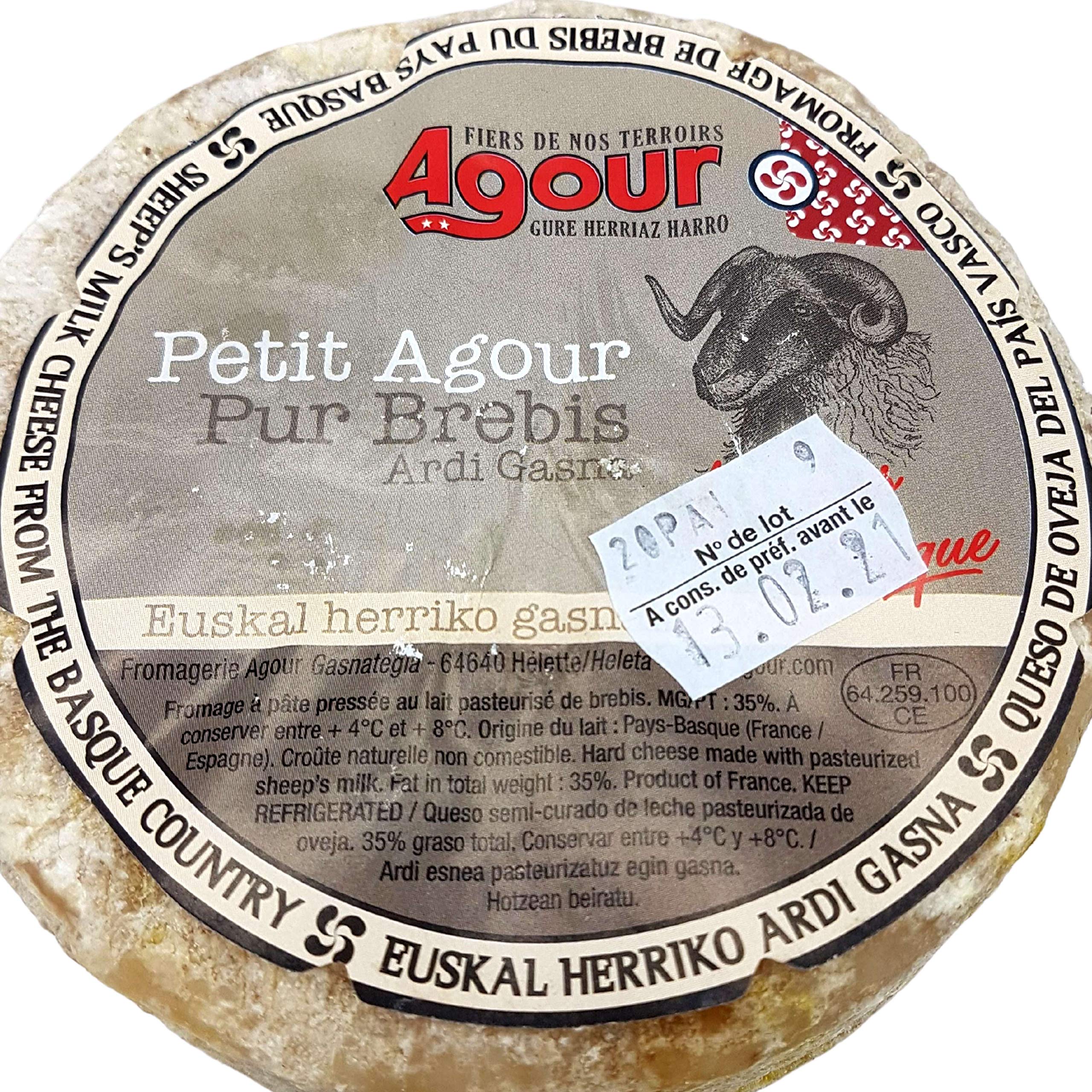 Queso de Oveja del País Vasco Frances - Peso Aproximado 800 gramos - Elaborado por el respetado AGOUR - Queso de Oveja Bi Campeón del Mundo - Elaborado con eche pasteurizada de oveja