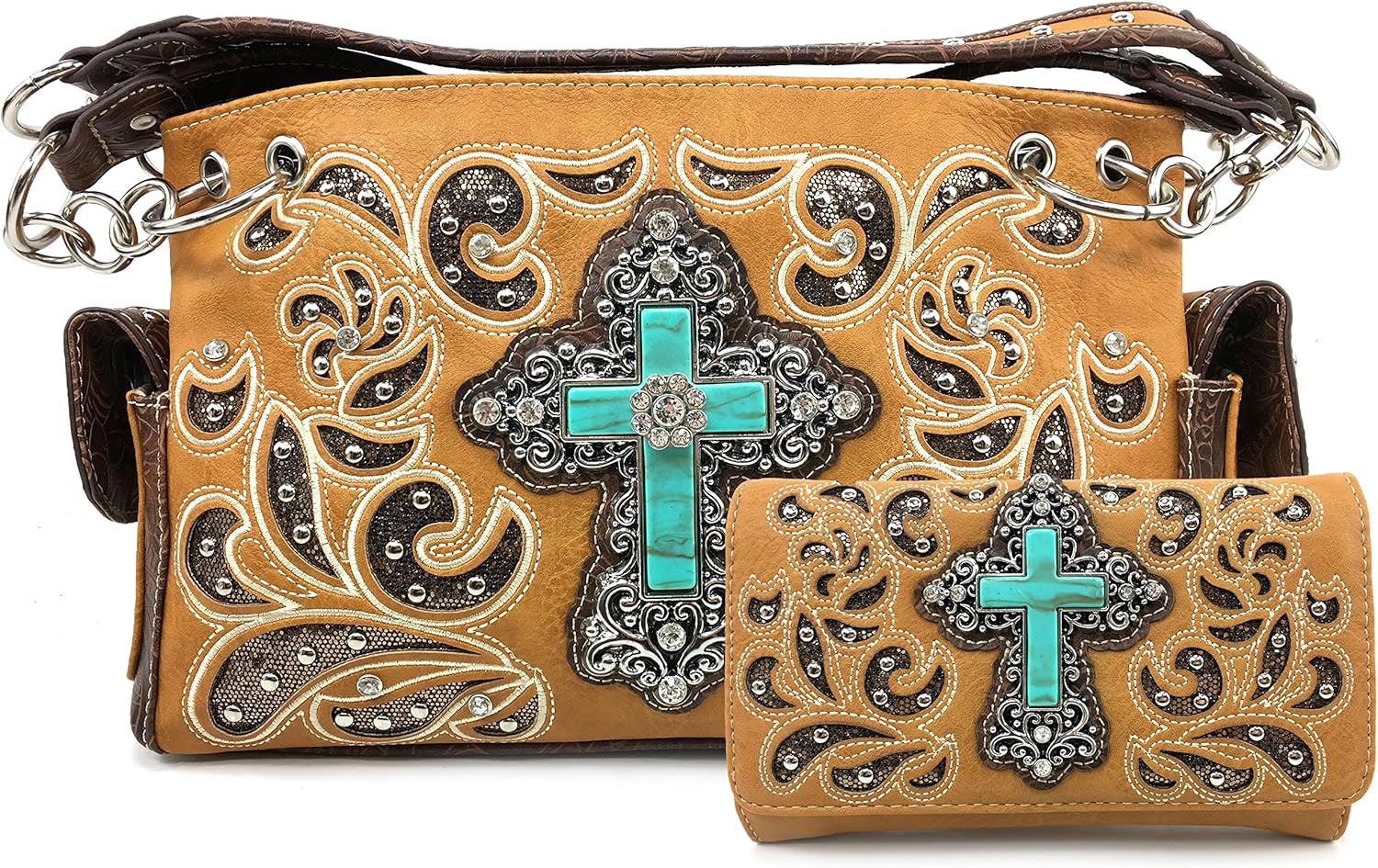 Justin West Gleaming Western Laser Cut Rhinestone Turquoise Cross Studded Shoulder Concealed Carry Handbag Purse