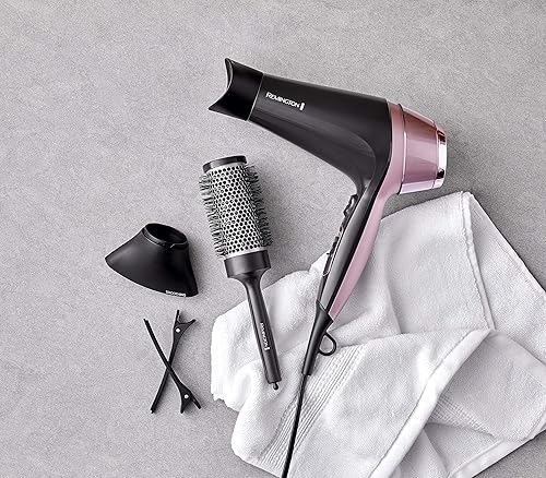 Remington Hair Dryer, 2200W, 3 Styling nozzles: Narrow Concentrator, Uniquely Designed Concentrator, Diffuser, incl. 45mm Round Brush, 3 Heat & 2 Speed Settings, D5707, Dark Grey/Rose Gold - 2