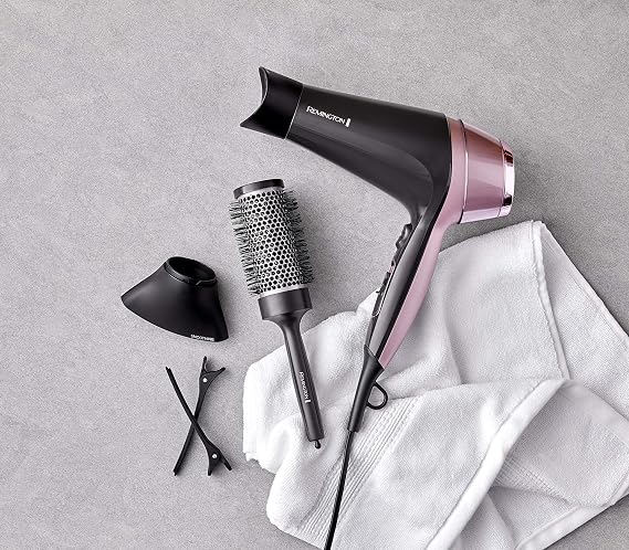 Remington Curl & Straight Confidence, 2-in-1 Straightening and Curling Dryer, Ionic, 2200 W, 2 Concentrators, 1 Diffuser and Barrel Brush, 3 Temperatures, 2 Speed, Black and Pink, D5707