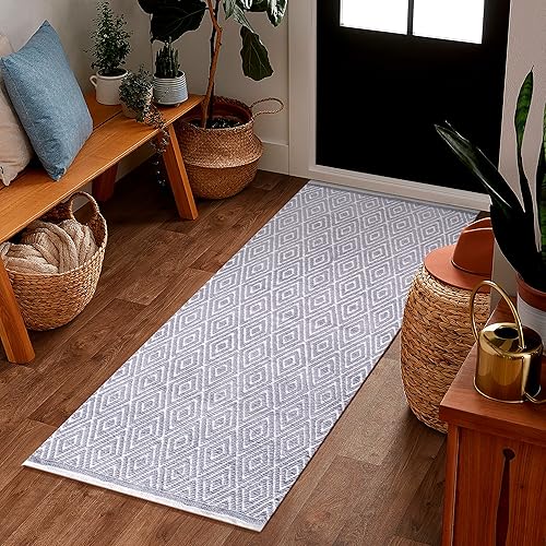 Miniatura 4 de Ramanta Home Alfombra reversible 100% algodón con diamantes tejida a mano de 24 x 60 pulgadas, gris, suave, lavable para baño, cocina, dormitorio,