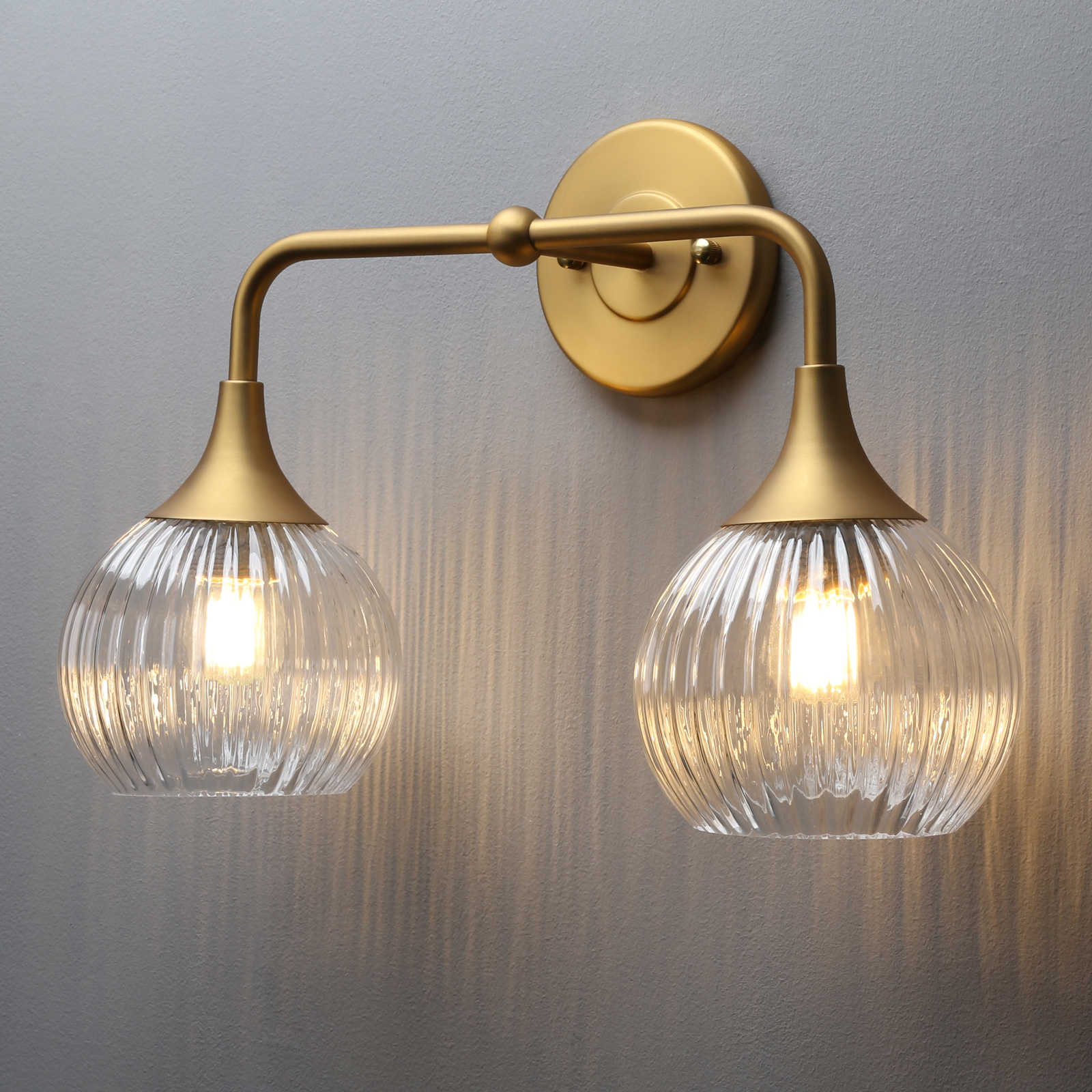 Image of PERMO Wall Sconce Vintage Vanity Light Antique 2 Lights Sconce with Clear Ribbed Globe Glass Shade Antique Brass Gold Double Sconces for Bathroom