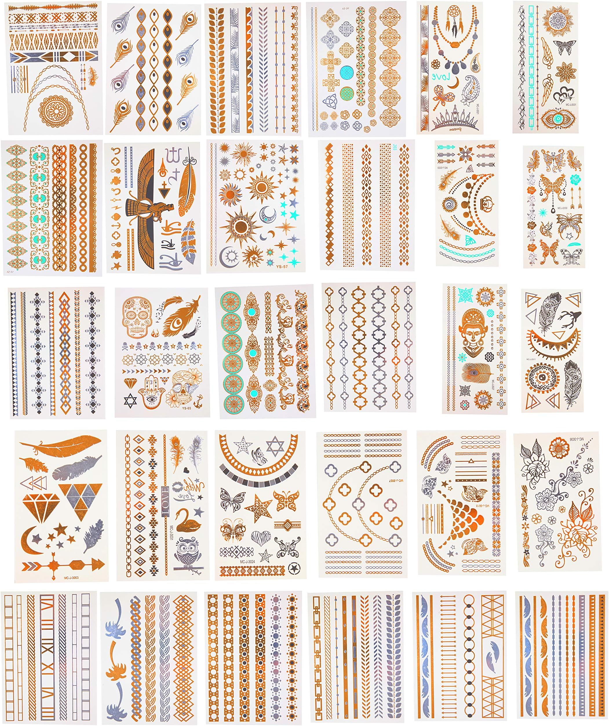 Temporary Metallic Tattoos VALUE PACK- 30 Different Sheets, 300 Unique Gold Silver & Turquoise Waterproof Flash Tattoos w Extra Bright Colors- Long Lasting Designs Easy to Apply- Summer Festival Gear