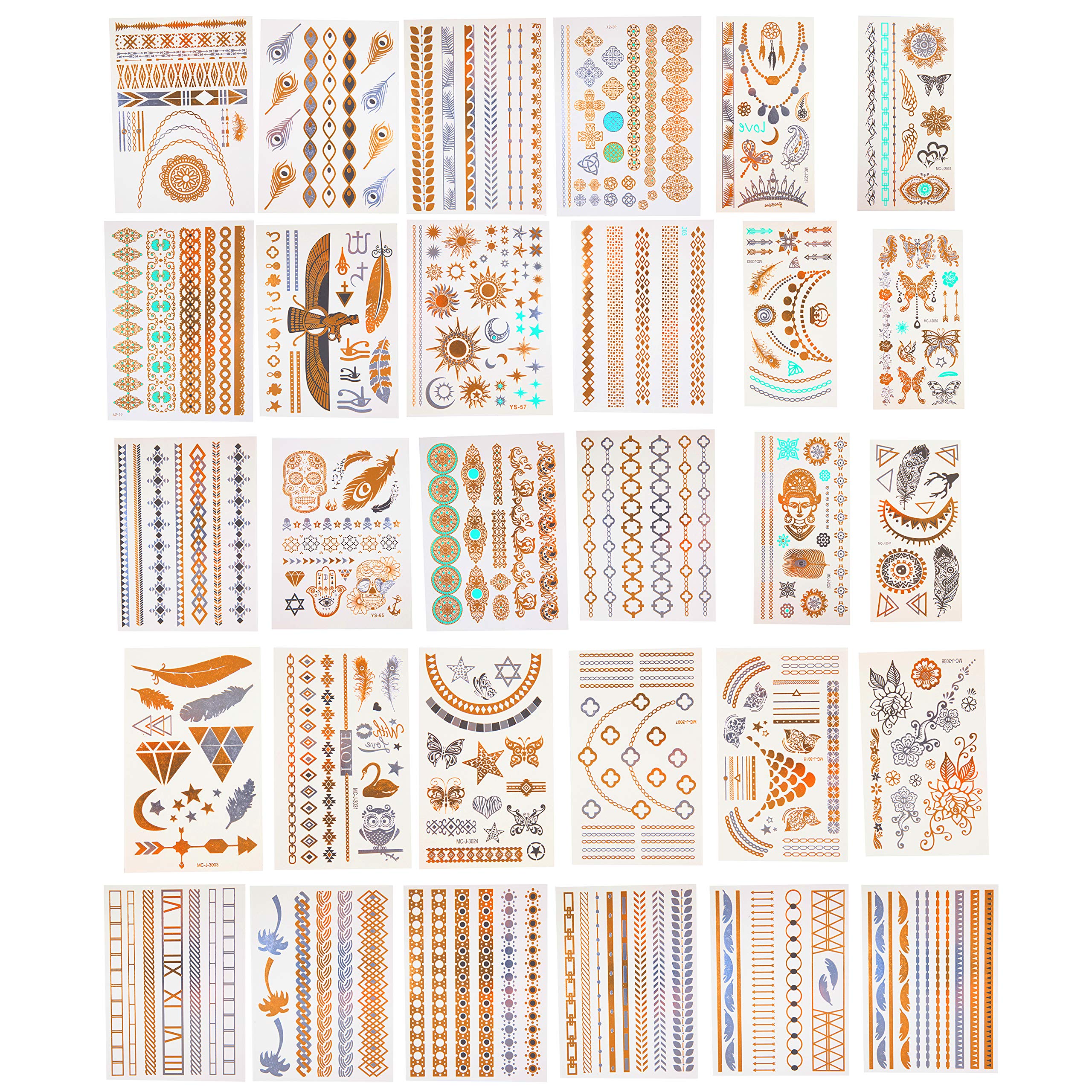 Temporary Metallic Tattoos VALUE PACK- 30 Different Sheets, 300 Unique Gold Silver & Turquoise Waterproof Flash Tattoos w Extra Bright Colors- Long Lasting Designs Easy to Apply- Stocking Stuffer Gift