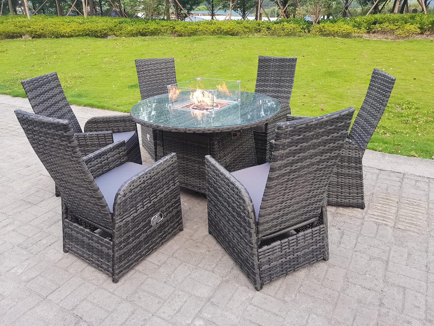 Fimous Rattan Gas Fire Pit Dining Set 2 4 6 Outdoor Garden Furniture