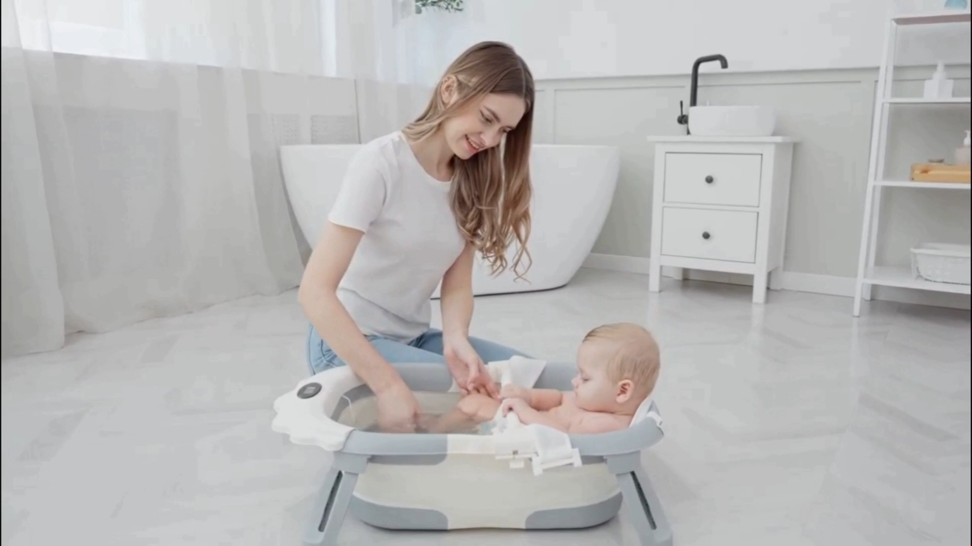 TPN 4-in-1 Grow-with-Me Collapsible Baby Bathtub, Baby Tub for Newborns to Toddler with Soft Floating Cushion & Thermometer, Portable Baby Bath Tub, Infant Bathtub for Bath Support in Tub,Grey