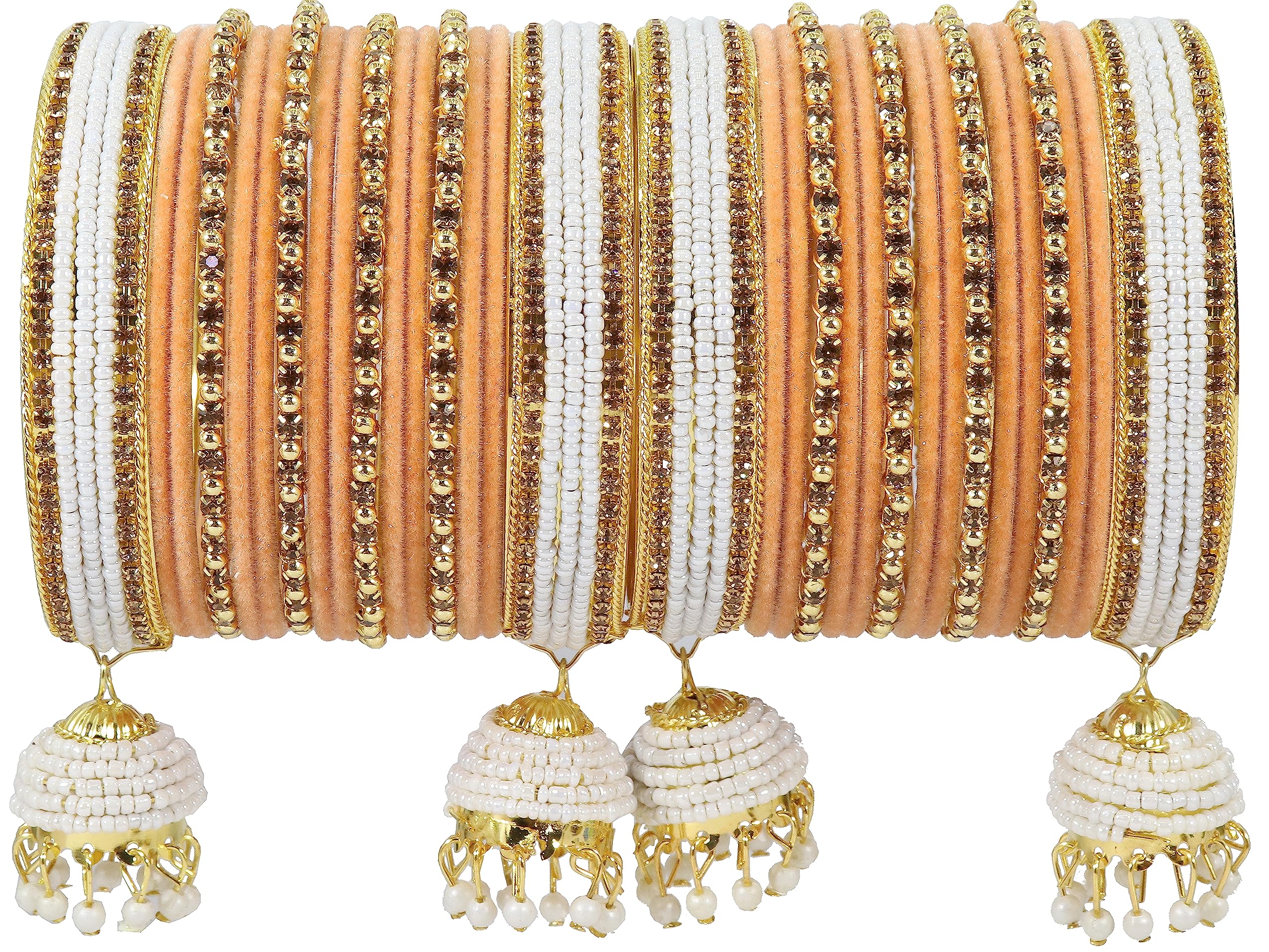 NMII Alloy Metal with Zircon Gemstone, Pearls and Velvet Latkan Golden Bangles Set For Girls and Women, (F173-Peach-2.8 Inches), Pack Of 32 Bangles Set (B0C78B4T3Q) Amazon Price History, Amazon Price Tracker