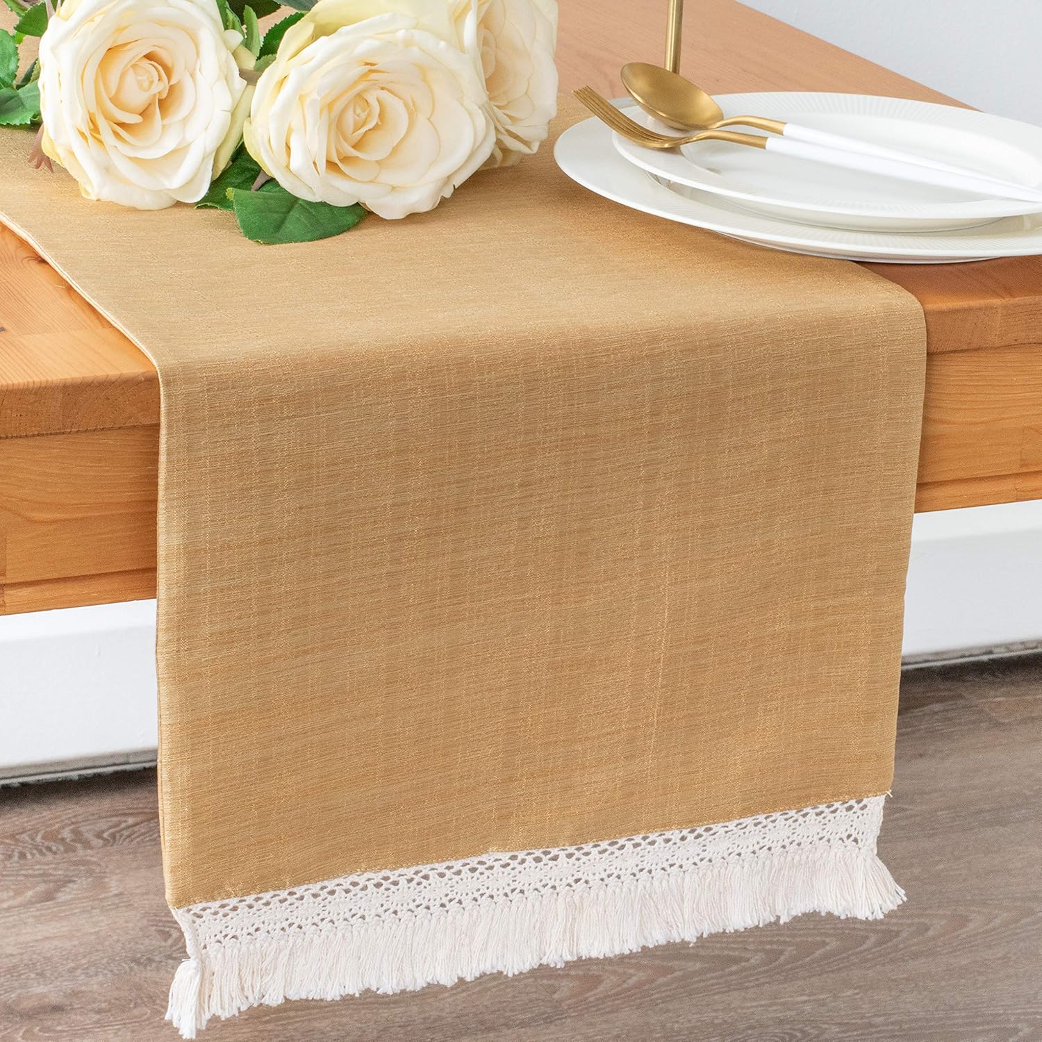 Gold Coffee Table Runners With Macrame Lace Boho Decor (13x64 inch, Pack of 1) Fabric Lined | Properly Finished, No Fray Edges | for Home, Kitchen, Dining Room, Holiday, Wedding Party