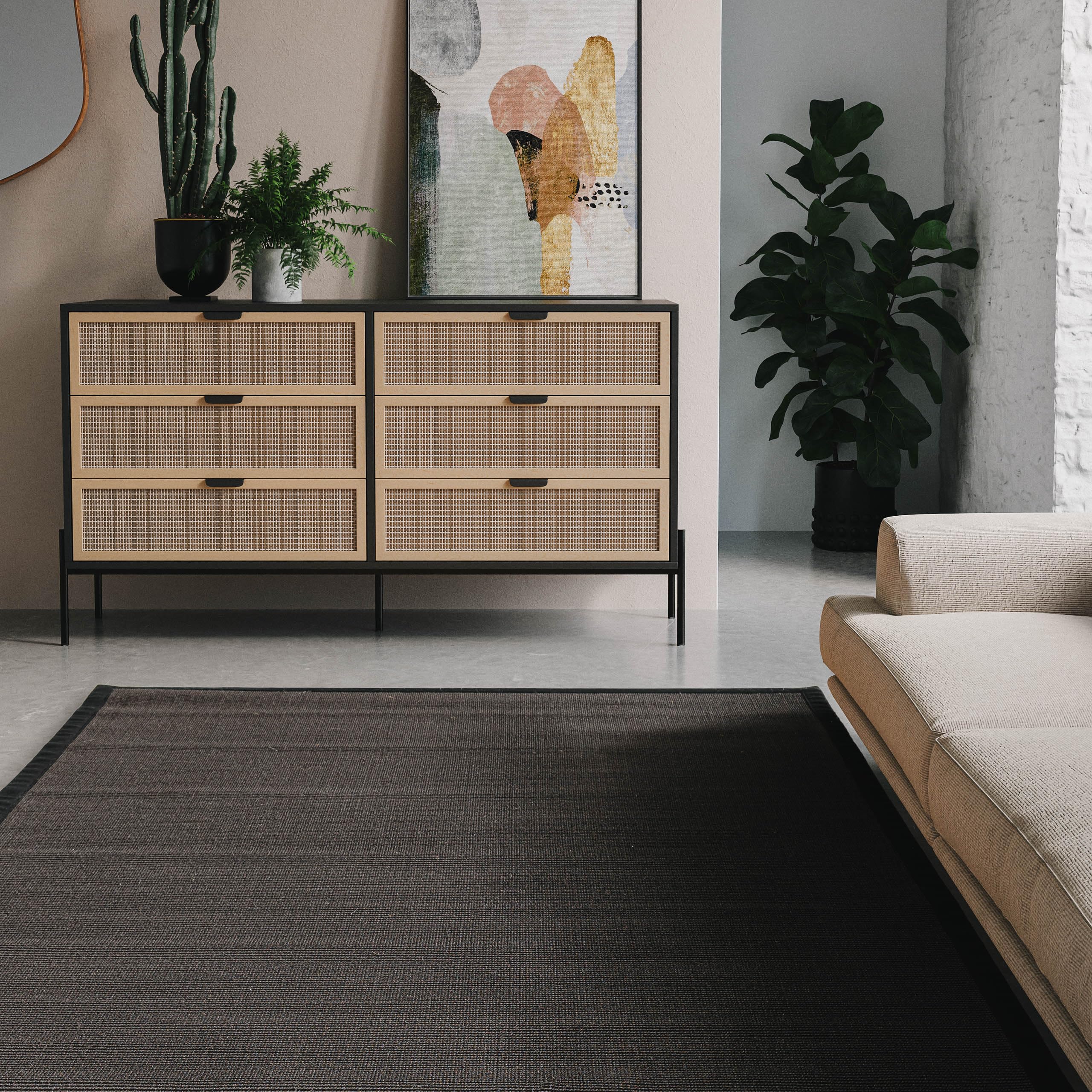 Tapis sisal 200x300 noir pour salon cuisine et couloir avec dossier antidérapant
