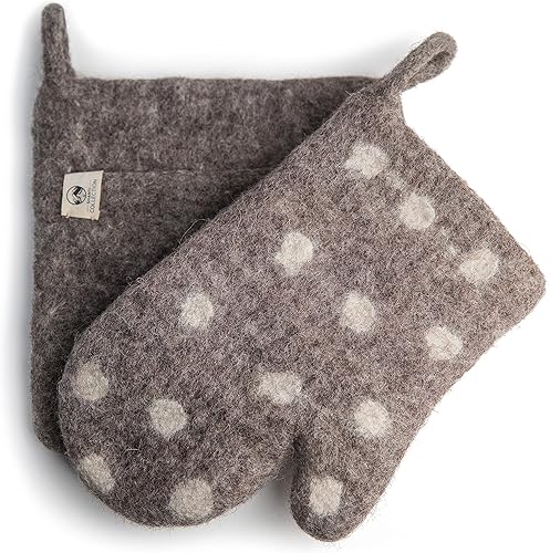 Juego de manoplas de horno y soportes para ollas hechos a mano, resistentes al calor, guantes de horno 100% lana (6.5 x 10) y manoplas de olla (8 x