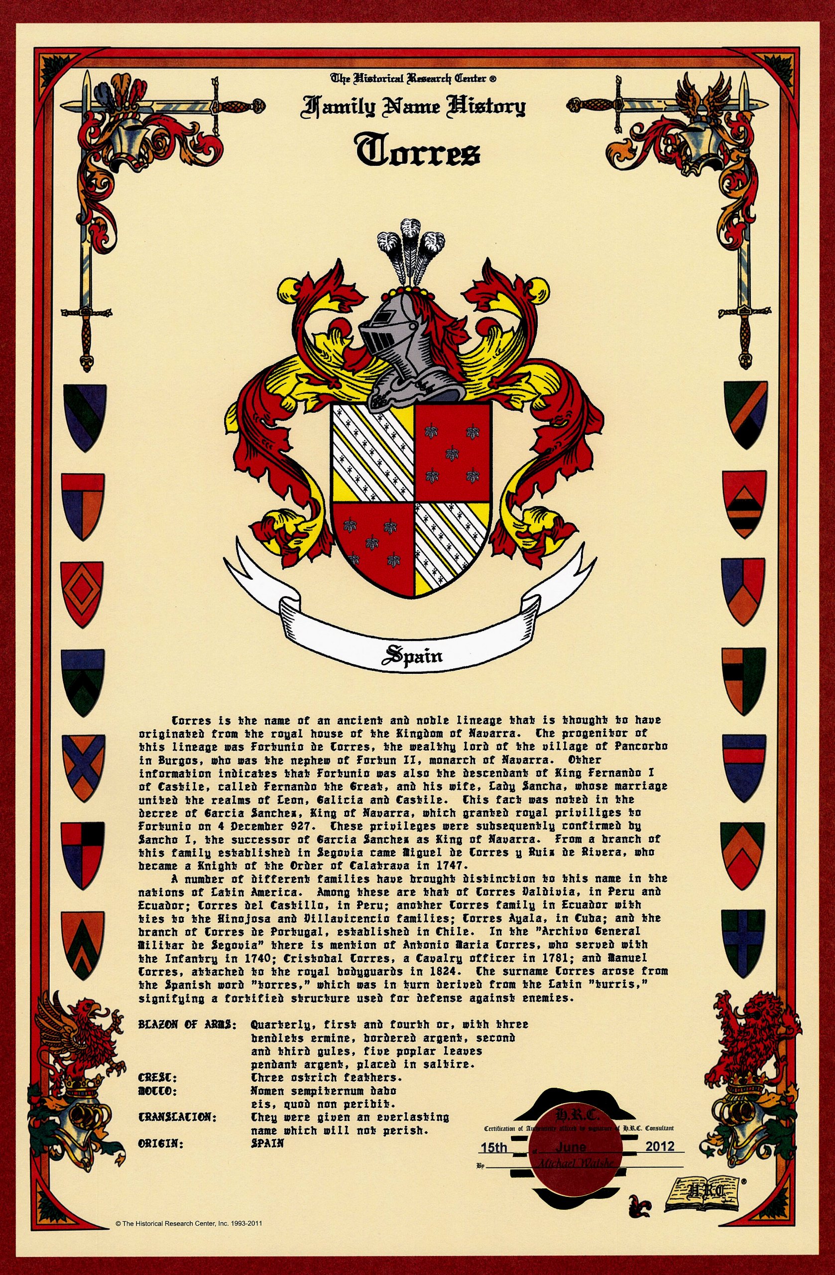 Buy Torres Coat of Arms/Crest and Family Name History, meaning & origin