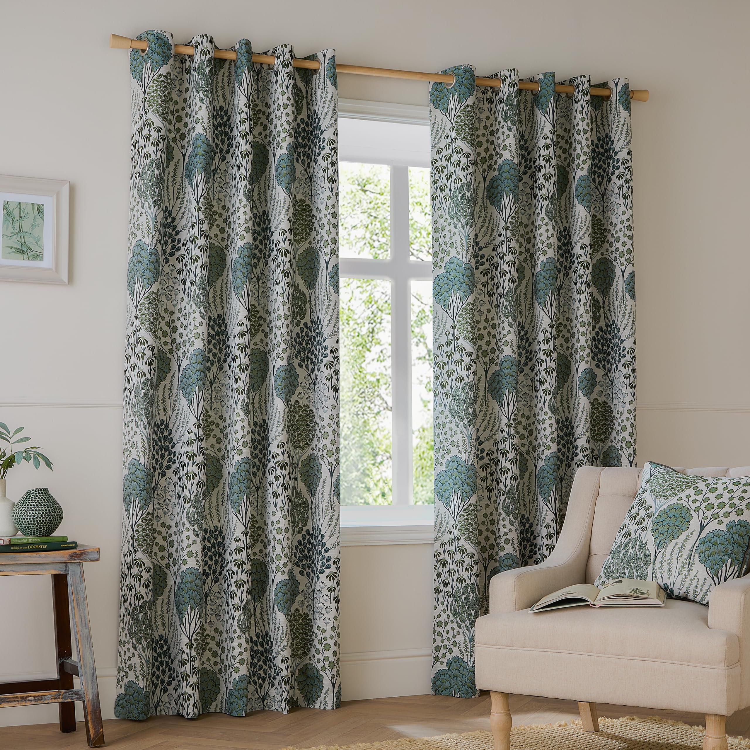 Wylder Unisex Green Ophelia Floral Room Darkening Eyelet Curtain Pair In 229Cm Width X 229Cm Drop