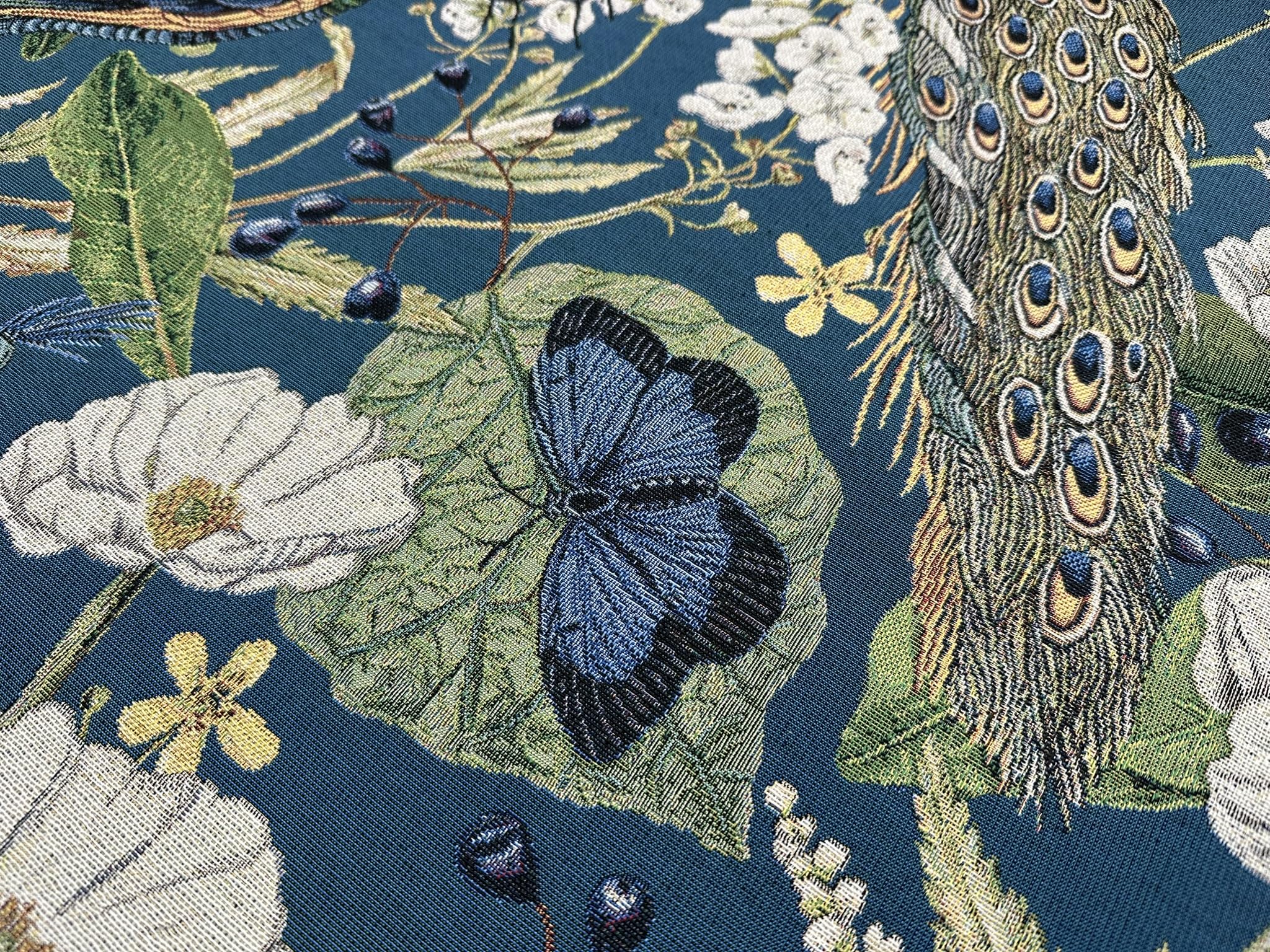 Paw Gobelin Tkanina Motyl Botaniczny Kwiatowy Gobelin Tkany Żakardowy Tapicerka Wystrój Domu Zasłony Poduszki, 140 cm Szerokości - Turkusowy Niebieski - Sprzedawany na metry