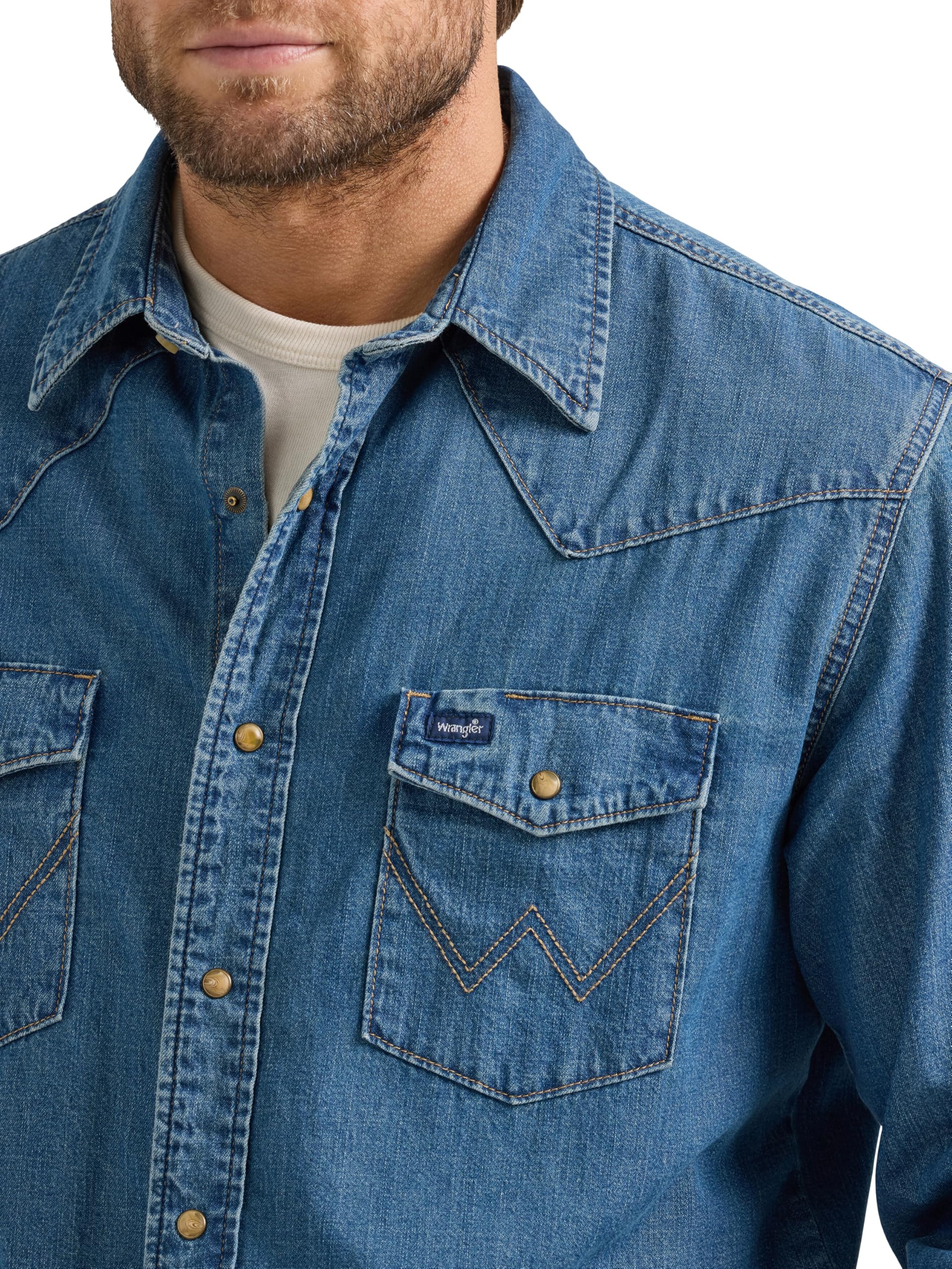 Wrangler Męska koszula dżinsowa z kolekcji zatrzaskowej (niebieska, duża, regularny krój, długi rękaw, 71 cm, 2 kieszenie, styl zachodni, miękka tkanina, szybkie przechowywanie, zapięcie na zatrzask,