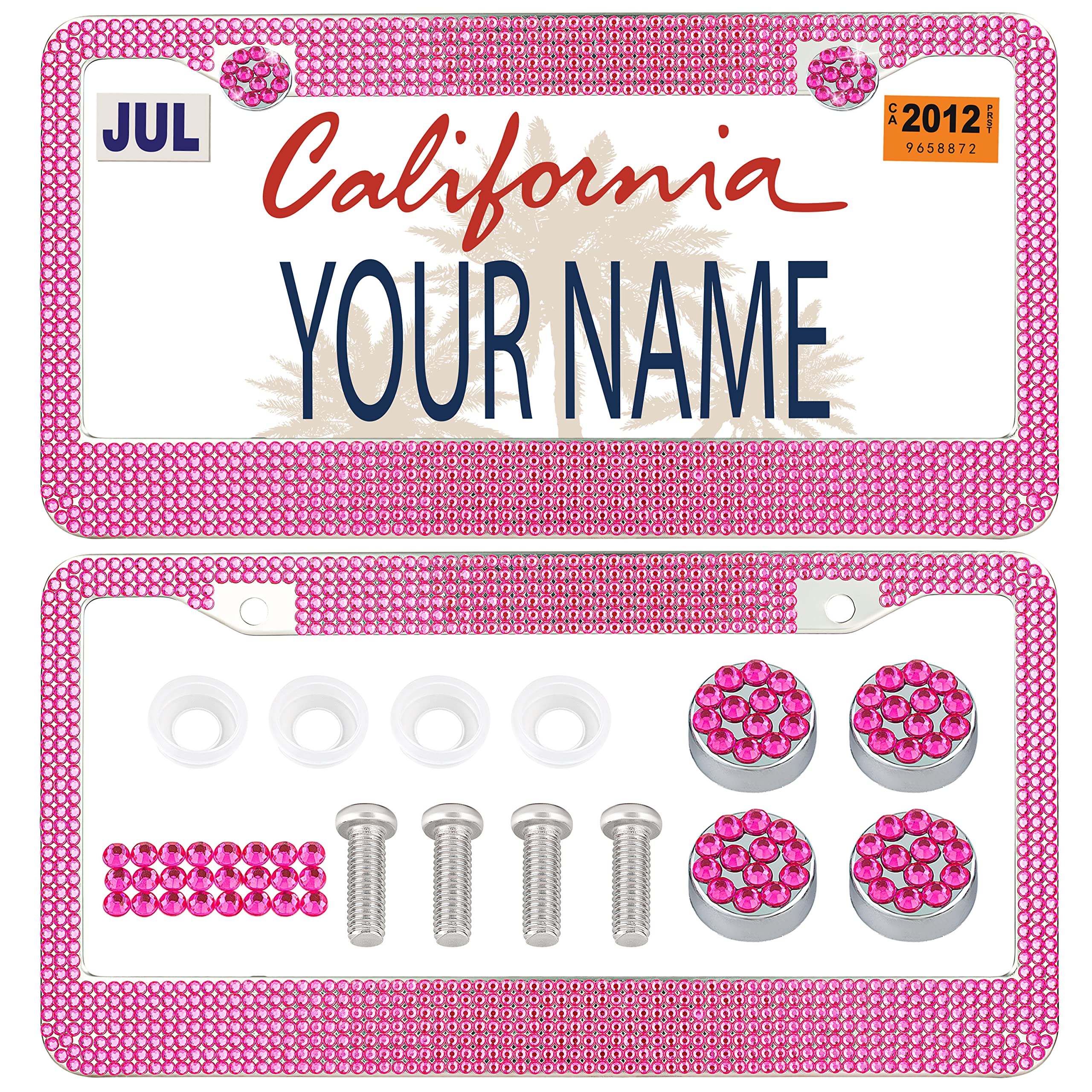 H C Hippo Creation 2 Pack Handcrafted Crystal Premium Stainless Steel Bling License Plate Frame (Pink)