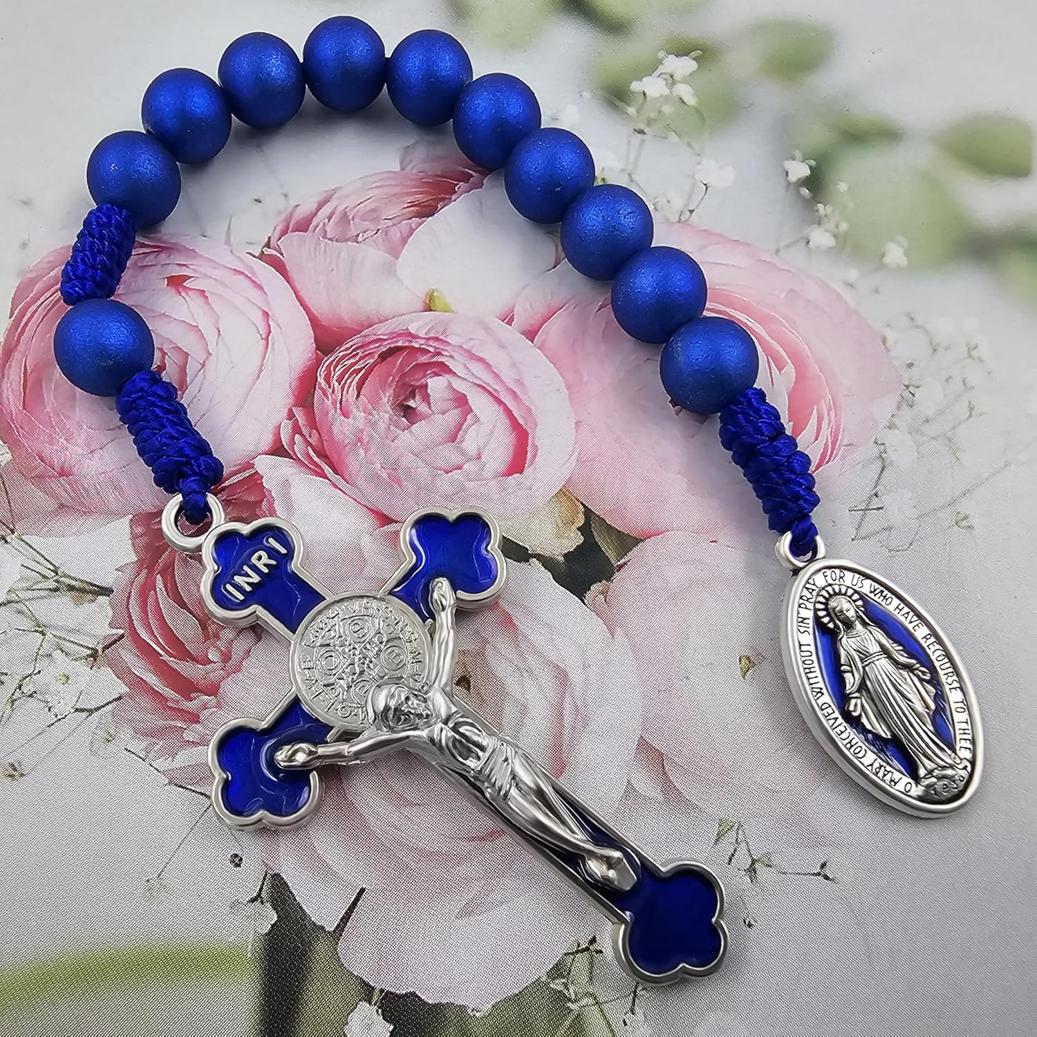 TALISMAN4U Saint Benedict One Decade Pocket Rosary Virgin Mary Medal 8mm Deep Blue Prayer Beads Open Style Tenner Rosaries Handmade Catholic Gift for Women Men Organza Rosary Pouch - Image 6