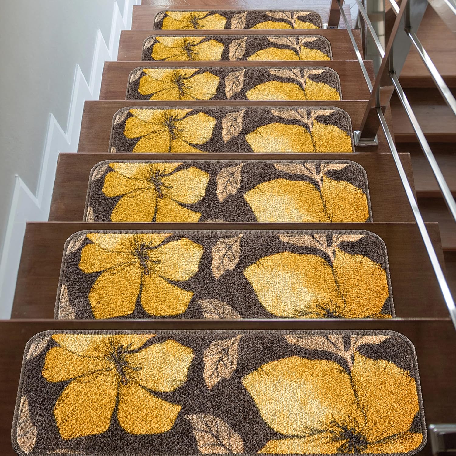 CAMILSON Stair Treads Runner Mats - Non Slip Rug Pads for Indoor Outdoor Carpet - Pet Dog Stair Step Covers (Set of 13, Floral Yellow)