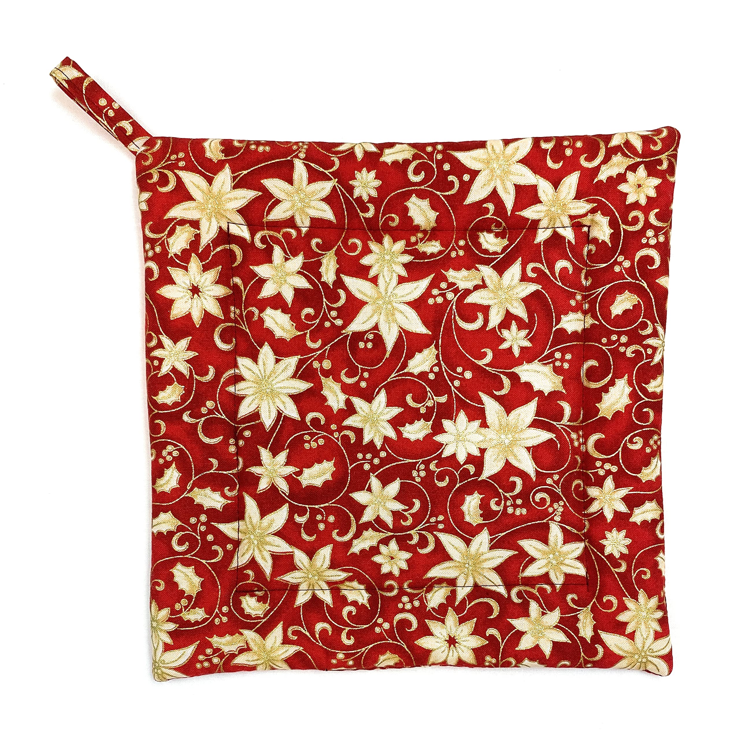 Cream Poinsettias on Red Christmas Holiday Square Pot Holder 8.5 inches x 8.5 inches