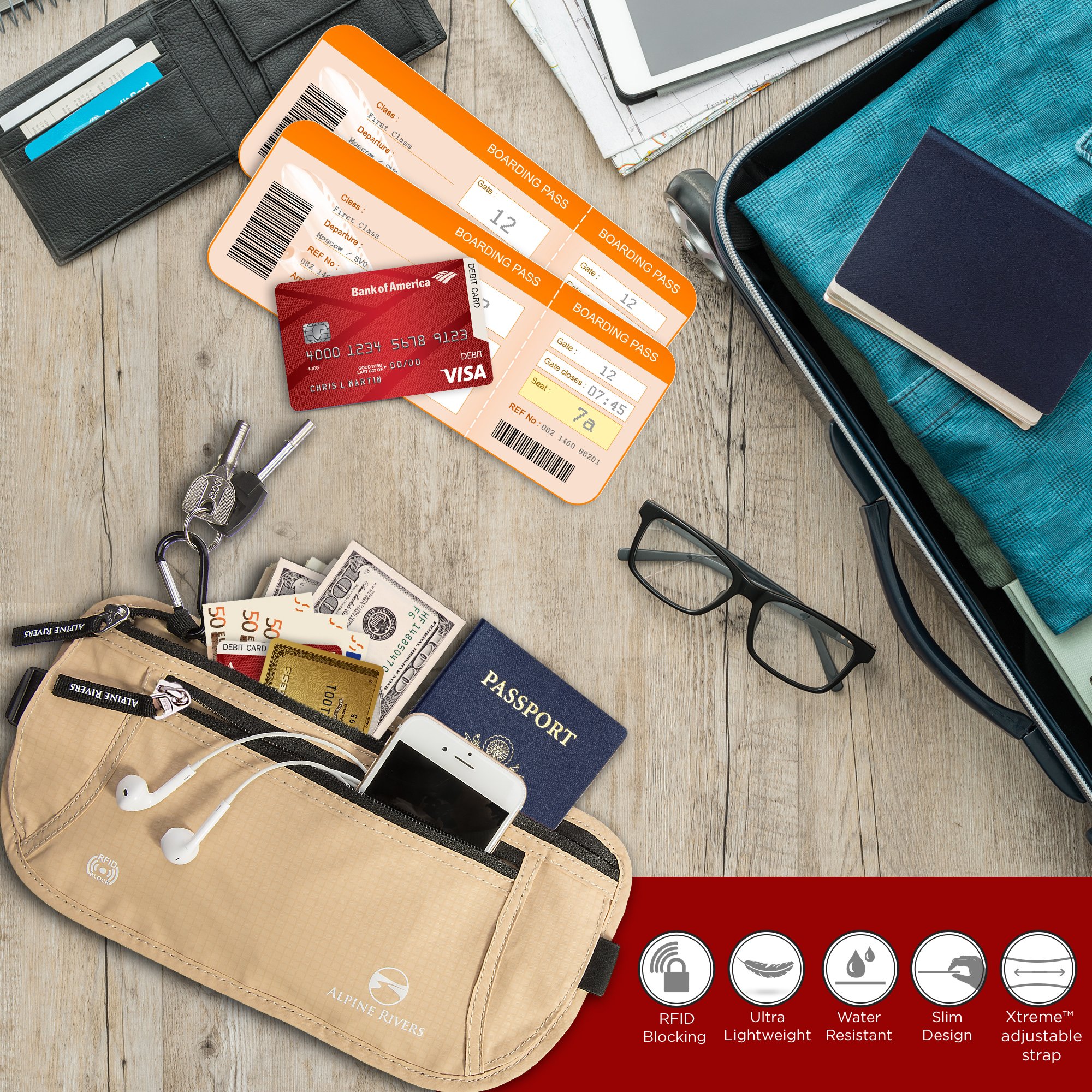 Alpine Rivers Ceinture porte-monnaie – Blocage RFID de qualité premium avec 7 pochettes RFID en bonus, Deluxe Sand Beach (Beige) - AR-RFIDMB002