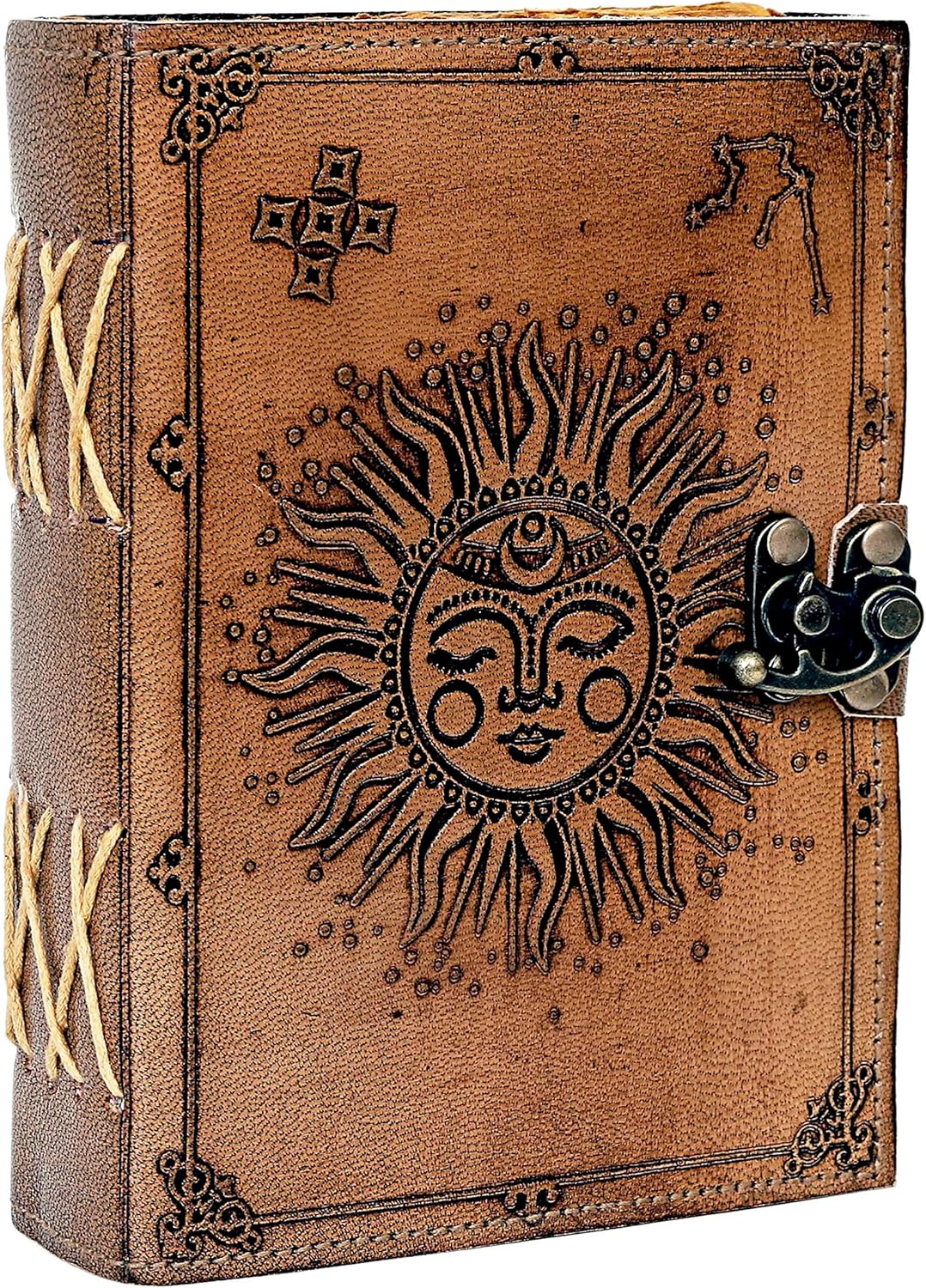 Sun and Moon Leather Journal, 220 Page Deckle Edge Paper, Vintage Journal, Leather Notebook, Handmade Journal, Vintage Leather Journal for Men and Women (7 x 5 Inch, TAN)