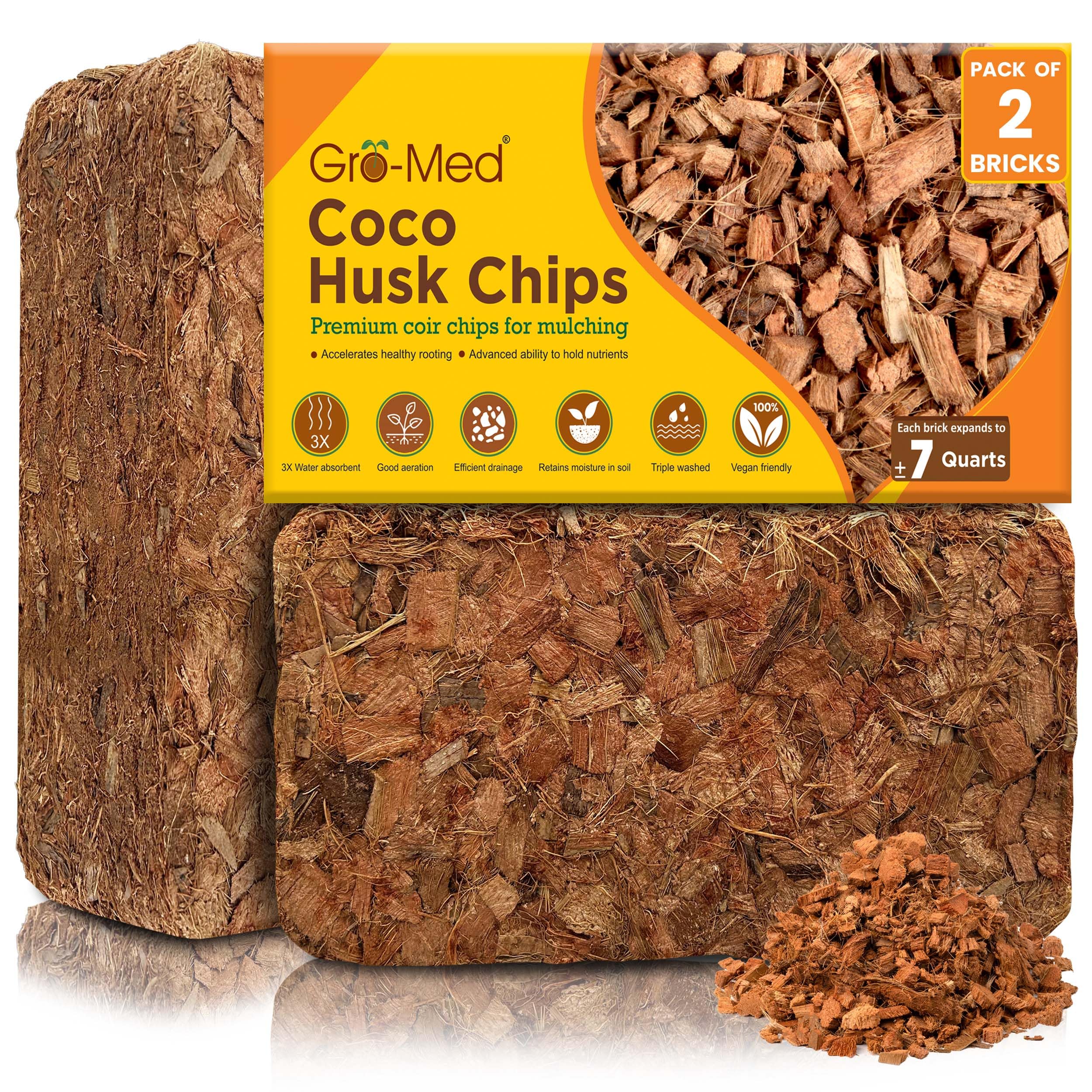 Gro-Med Coco Husk Chips 2s Brick Expands Upto 14 Quarts Coconut Coir Chip 2.2lb, Perfect for Plants, Gardening, Potting Soil Mix, Orchid Bark Alternative-OMRI Certified, Low EC, Balanced pH
