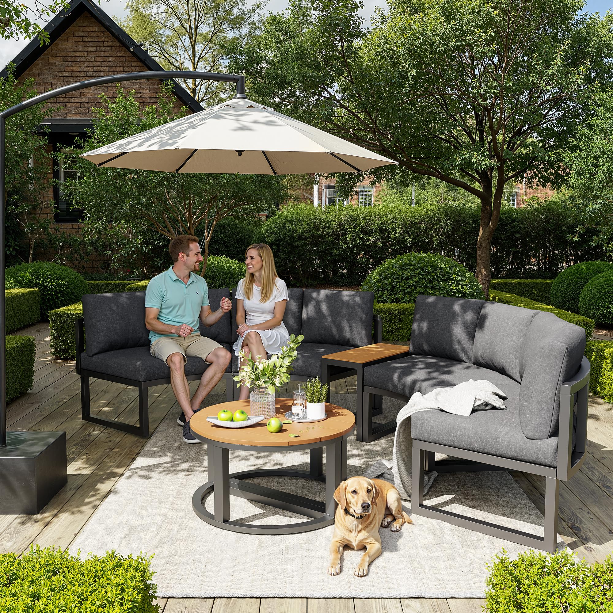 Gartenmöbel-Set für 4-6 Personen, Garten Loungesessel Set, Bequeme Gartenmöbel mit grauen Sitzpolstern und Kissen, verstellbare Beine, rundes Sofa, grau (4-6 Personen)