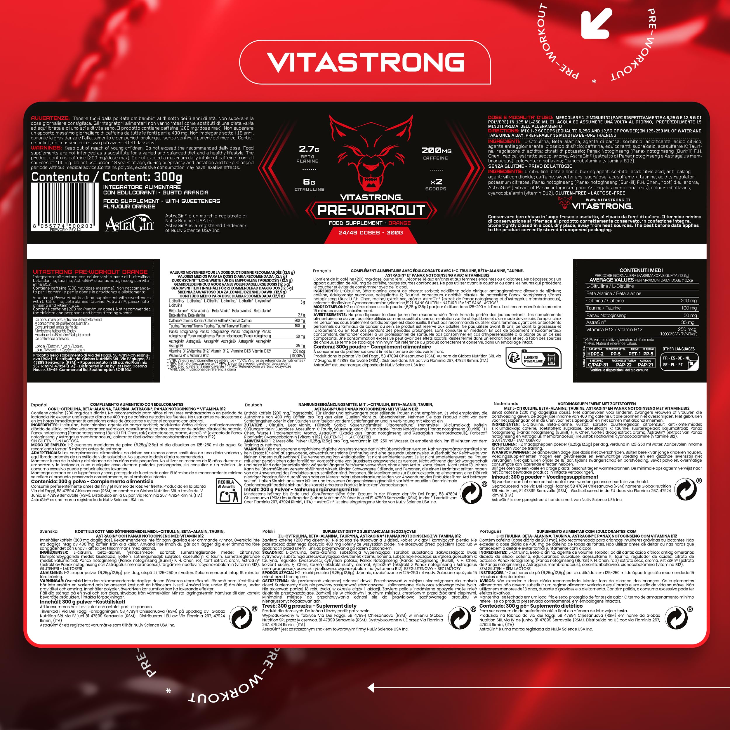 Pre Workout Booster Puissant 300g, Goût Orange, 24 Portions, Vitastrong | Vegan Preworkout, Vitamine B12, L Citrulline, Beta Alanine, Cafeine, Taurine, AstraGin
