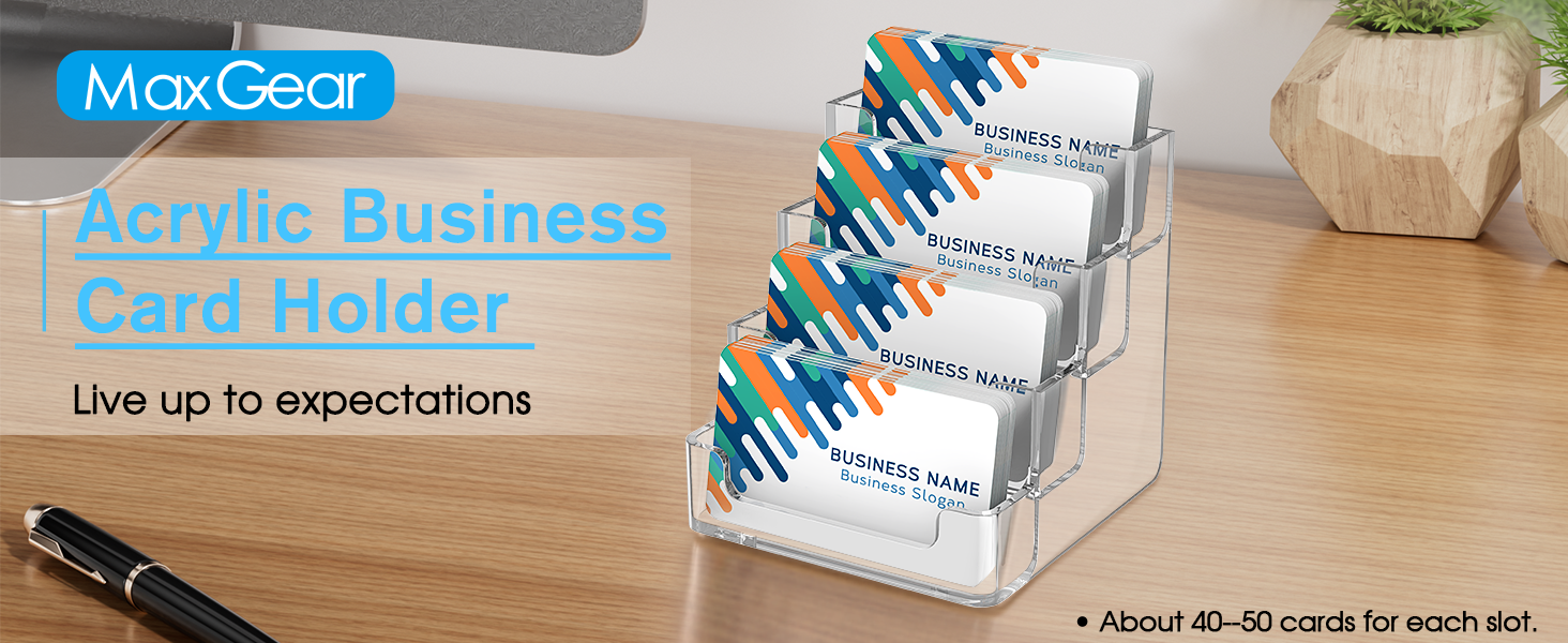 MaxGear Clear Business Card Holder, Acrylic Business Card Stand for Desk with 4 Tier, Clear Plastic Cards Display Holder for Exhibition, Home and Office, 320 Cards Capacity, 4 Pocket, 2 Pack
