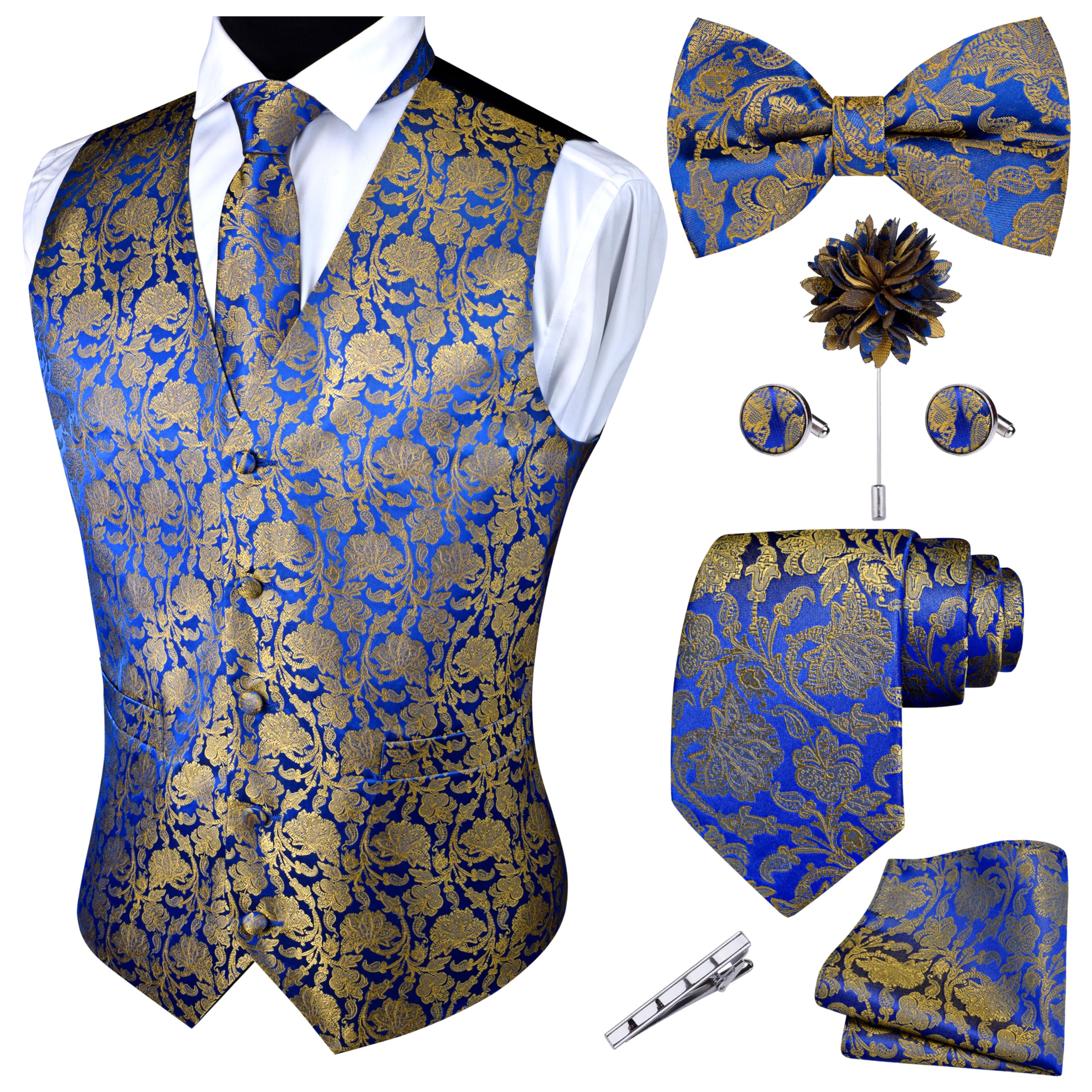 GUSLESON Formal Men Vest Paisley Floral Jacquard Tie Waistcoat Bow tie Hanky Lapel Pin Cufflinks Set Wedding 7PCS