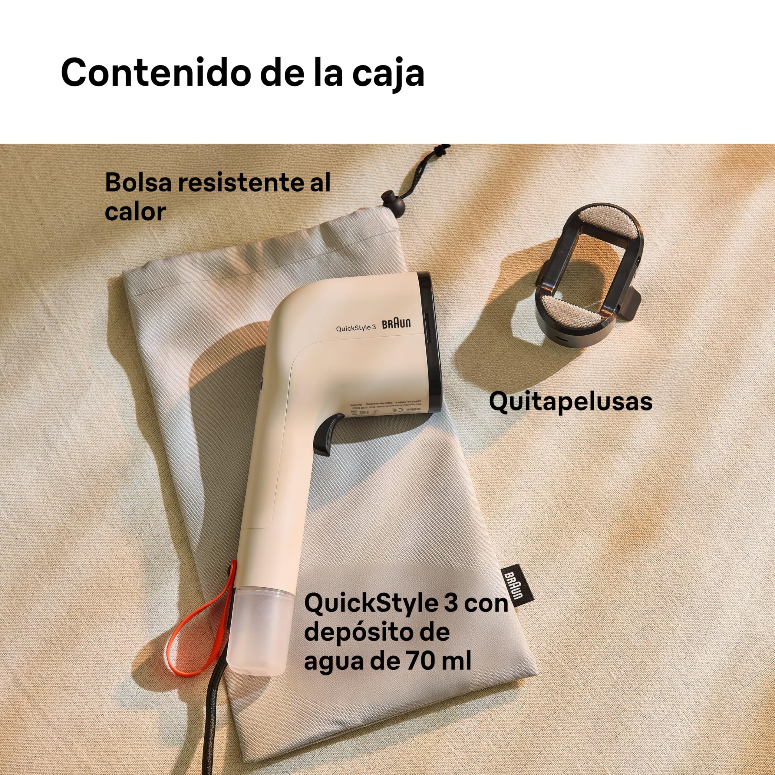 Braun QuickStyle 3 - Plancha de Vapor Vertical Compacta y Ligera con Calentamiento Rápido, Vapor 20g/min, Depósito Extraíble 70ml, Funda Resistente al Calor, Beige (GS3012BG)