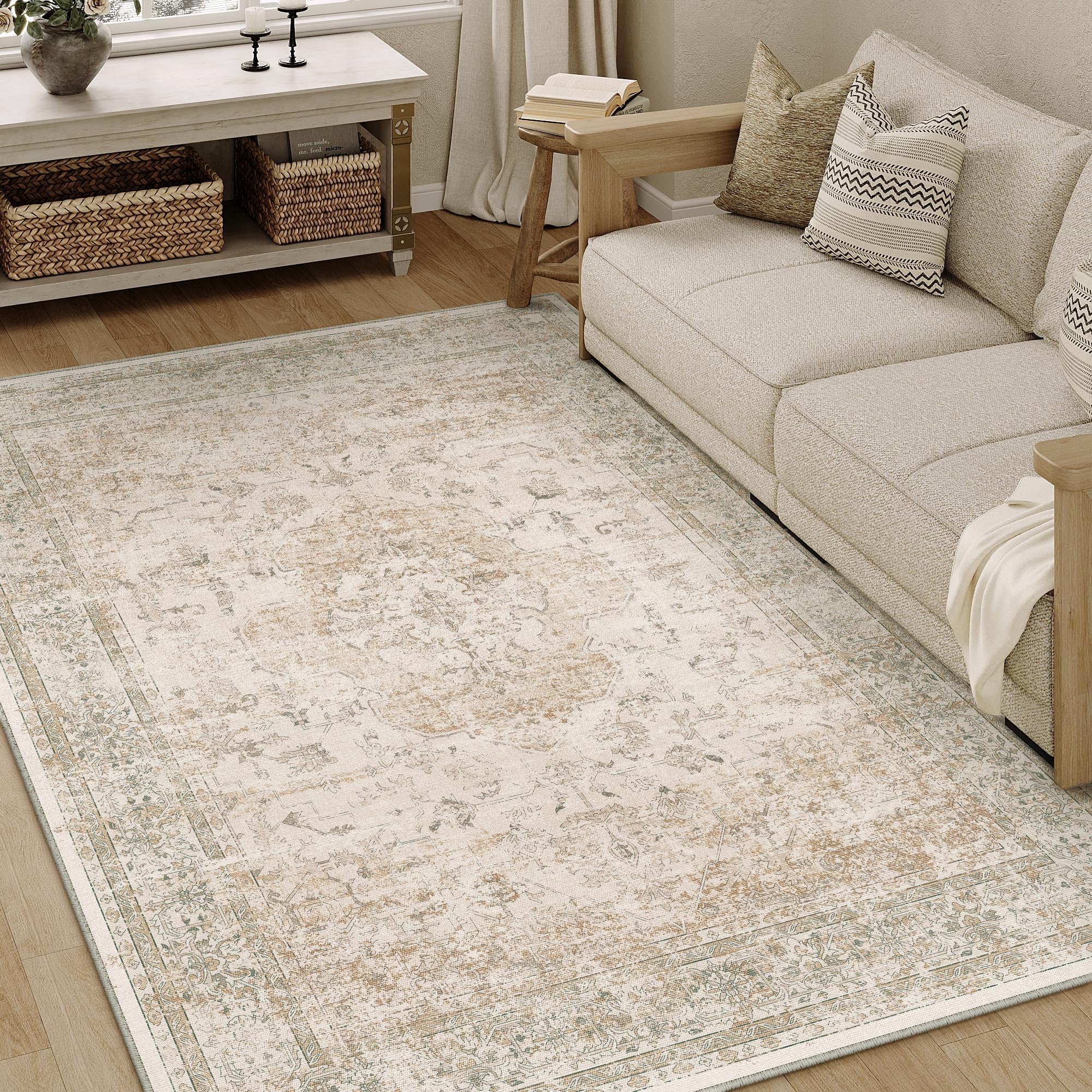 purecozy 4x6 washable area rug beige vintage distressed rug for office oriental soft thin indoor retro carpet non slip low pile floor cover for living ding room bedroom laundry