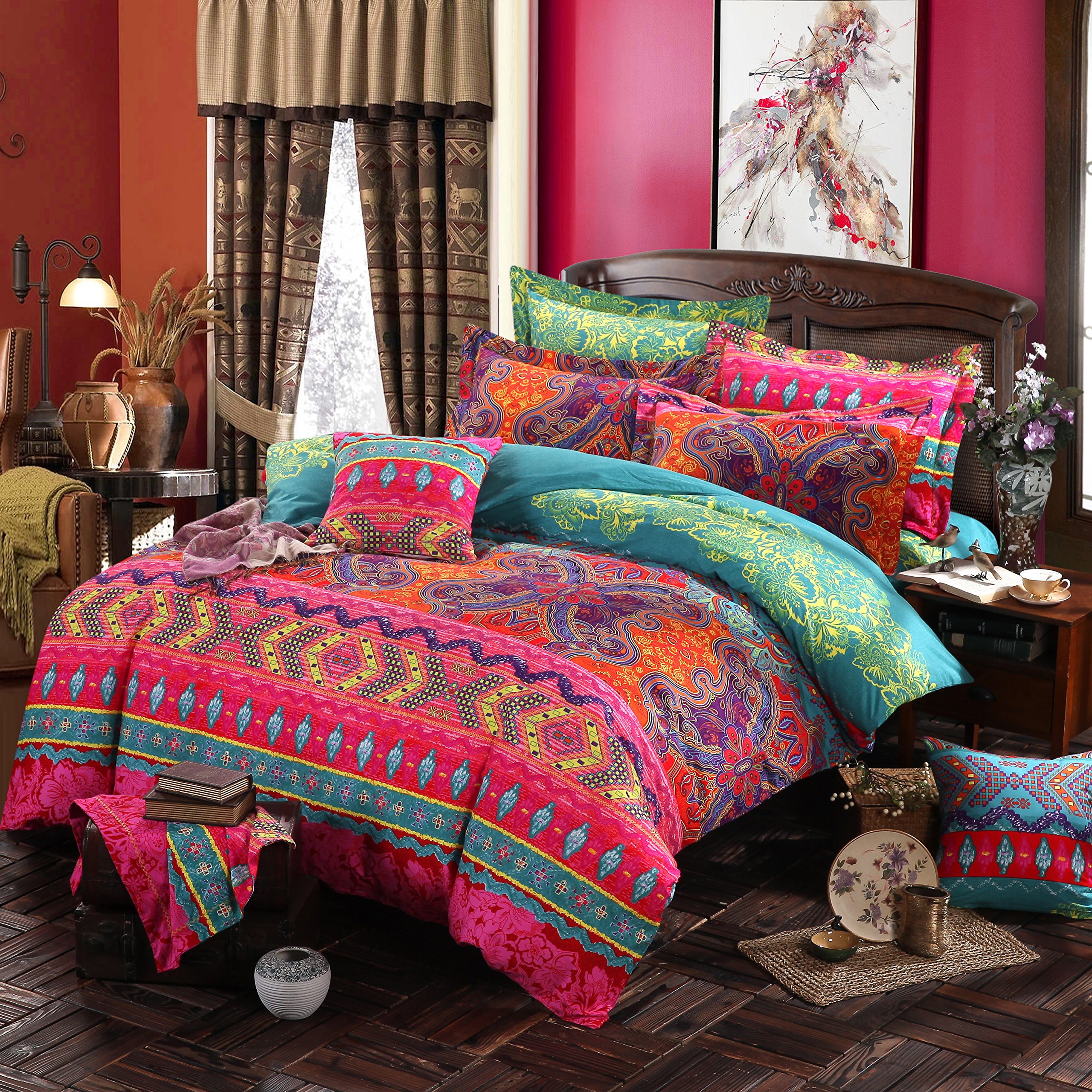 Copripiumino King Size ABREEZE 100% Cotone Spazzolato – Stile Bohémien Rosso Mandala – 3 Pezzi