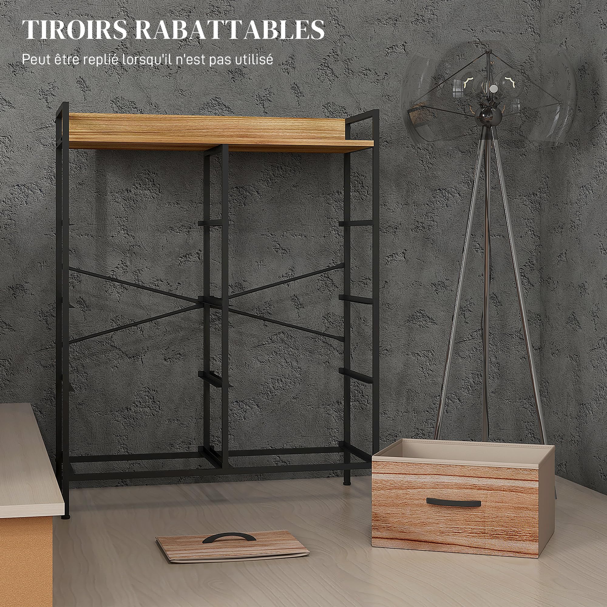 HOMCOM Meuble de Rangement Commode chiffonnier 8 tiroirs en Tissu Amovibles, étagère supérieure et Cadre Acier Style Industriel, 79L x 29l x 101H cm chêne et Noir