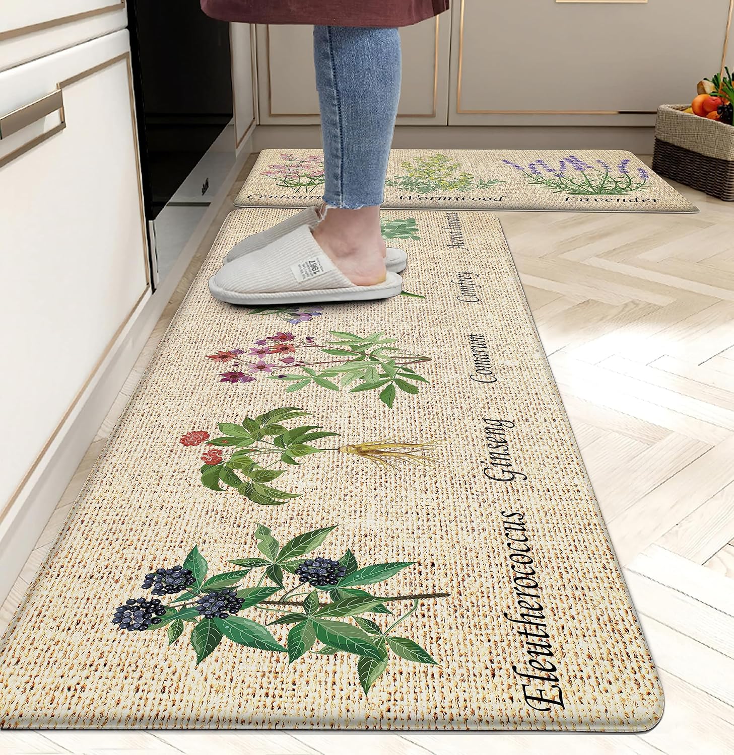 chiinvent Green Kitchen Mats for Floor Set of 2 Chic Herbs Plants Pattern Non Skid Washable