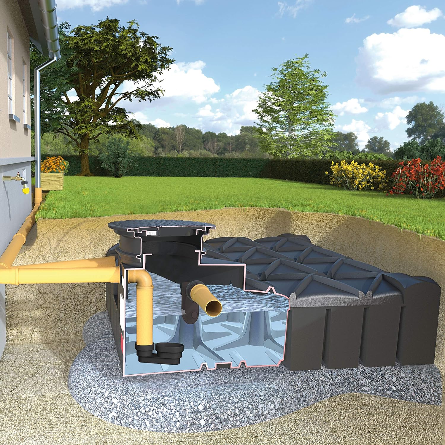 Zum Anbieter bei Amazon: REGENTA Regenwassertank Flachtank Zisterne 3000 Liter KOMPAKT inkl. Grundausstattung