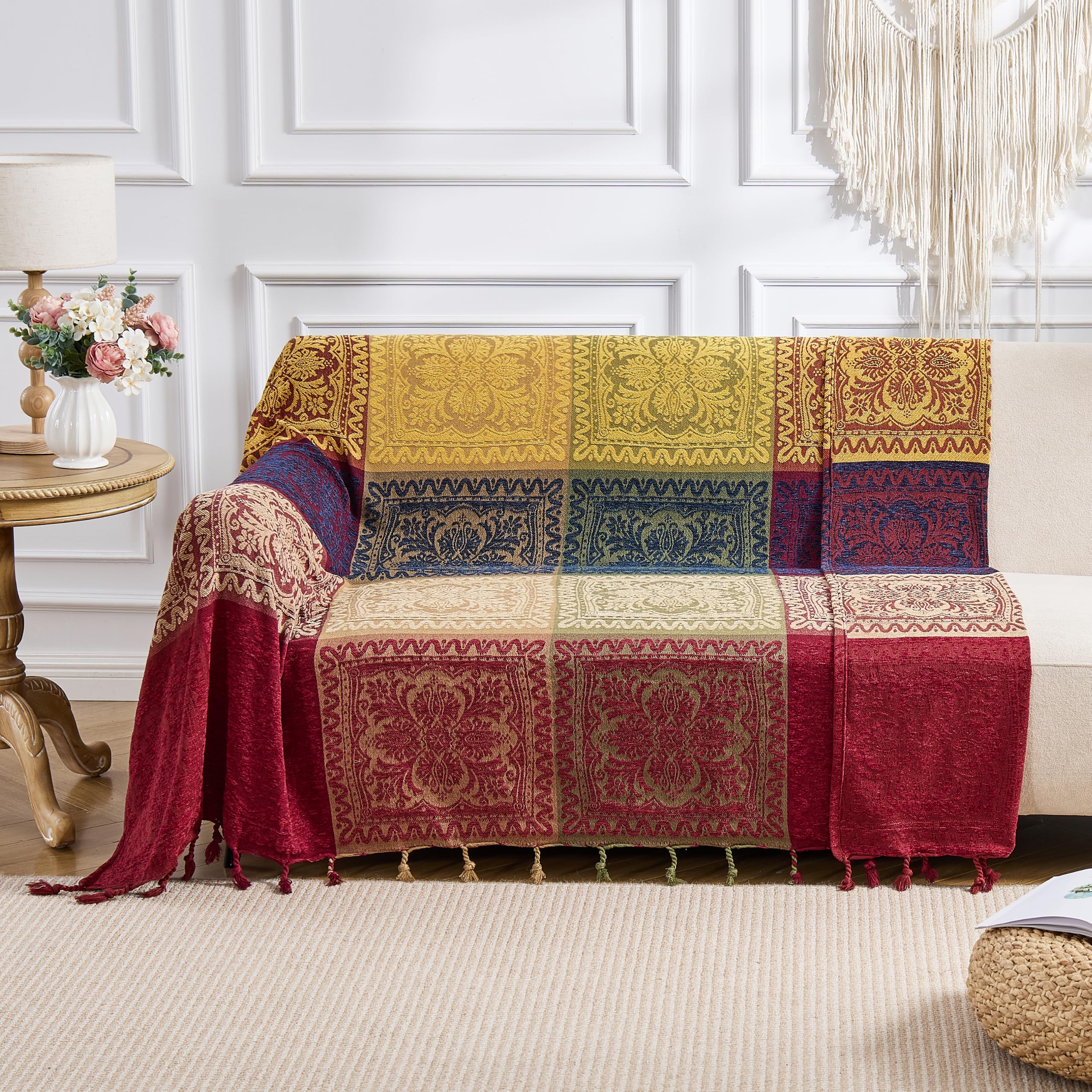 DECMAY Jeté de lit chenille jacquard bohème avec pompons, jeté pour canapé 2, 3 ou 4 places, tartan - Jeté de lit, fauteuil, meuble, jeté de lit (rouge bleu, 220 x 260 cm)