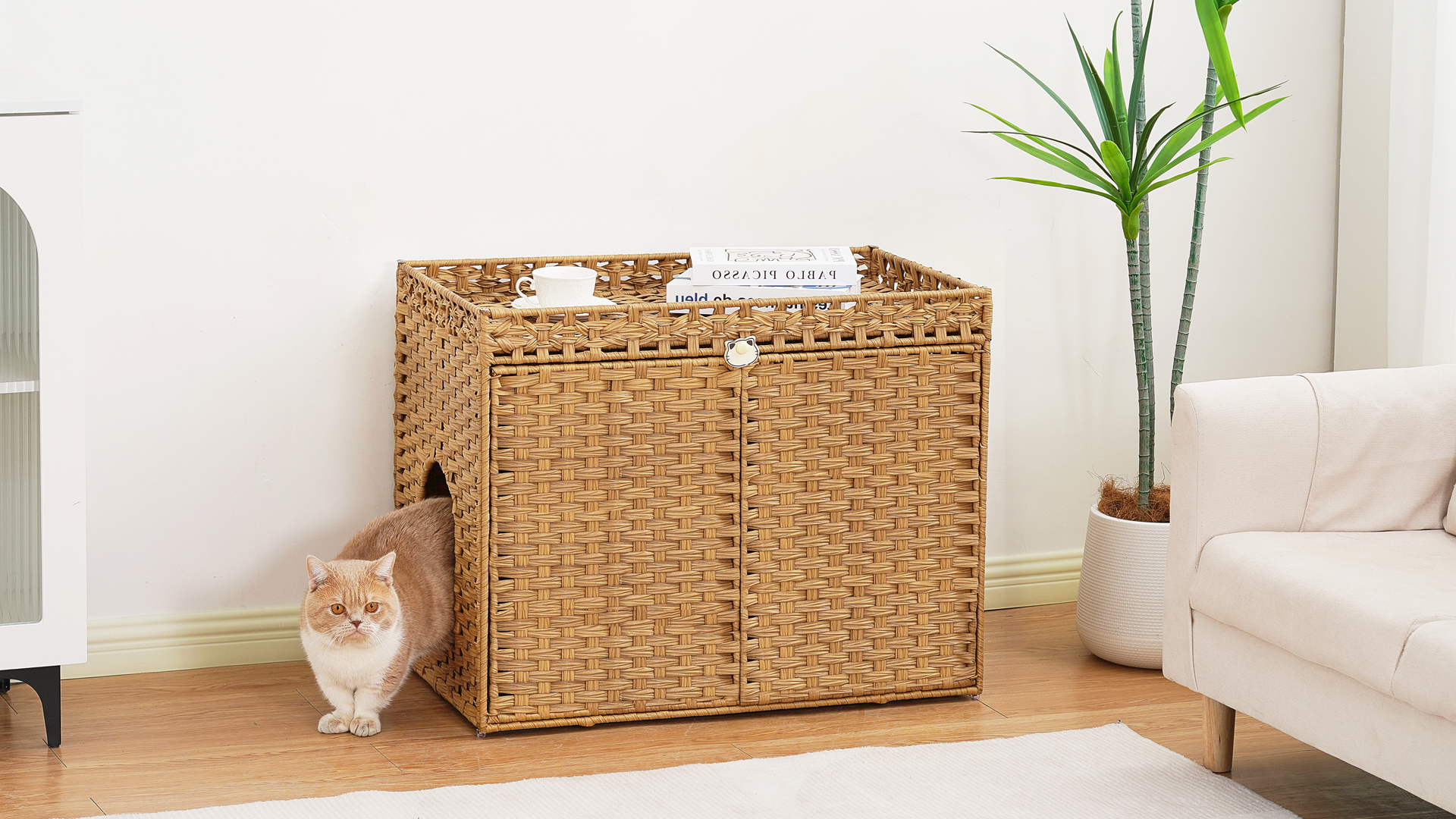 SETVSON Cat Litter Box Enclosure Furniture, Handwoven Rattan Hidden Litter Box with Mat, Large Space Cat House with 2 S-Shaped Hooks 30.3 x 18.3 x 24.4 Inches, Indoor for Living Room Apartment Gray - image 8