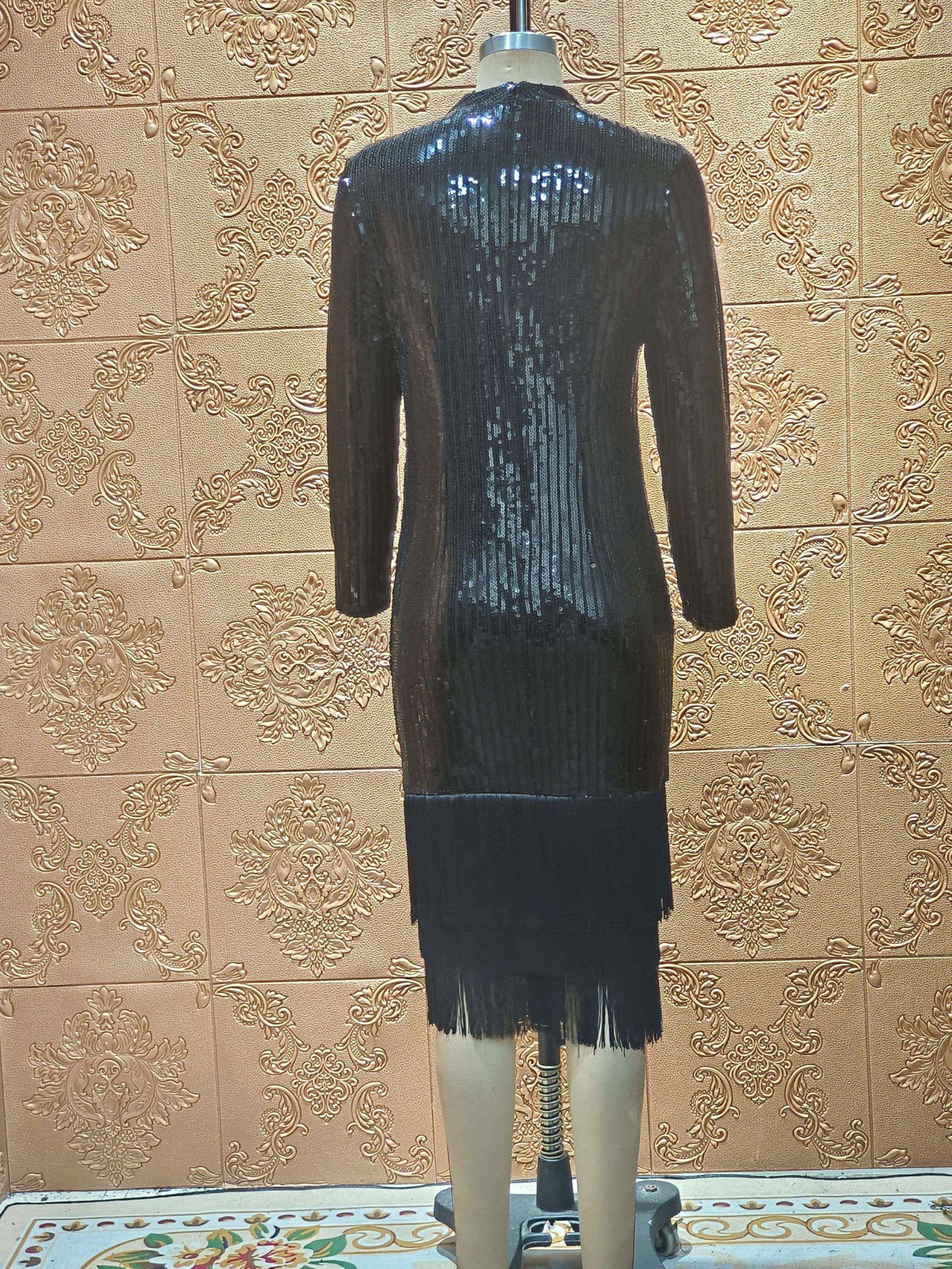 Cololura Elegant Women Sequin Short Sleeve Tassel Bodycon Midi Dress Party Evening Gown Formal Dress