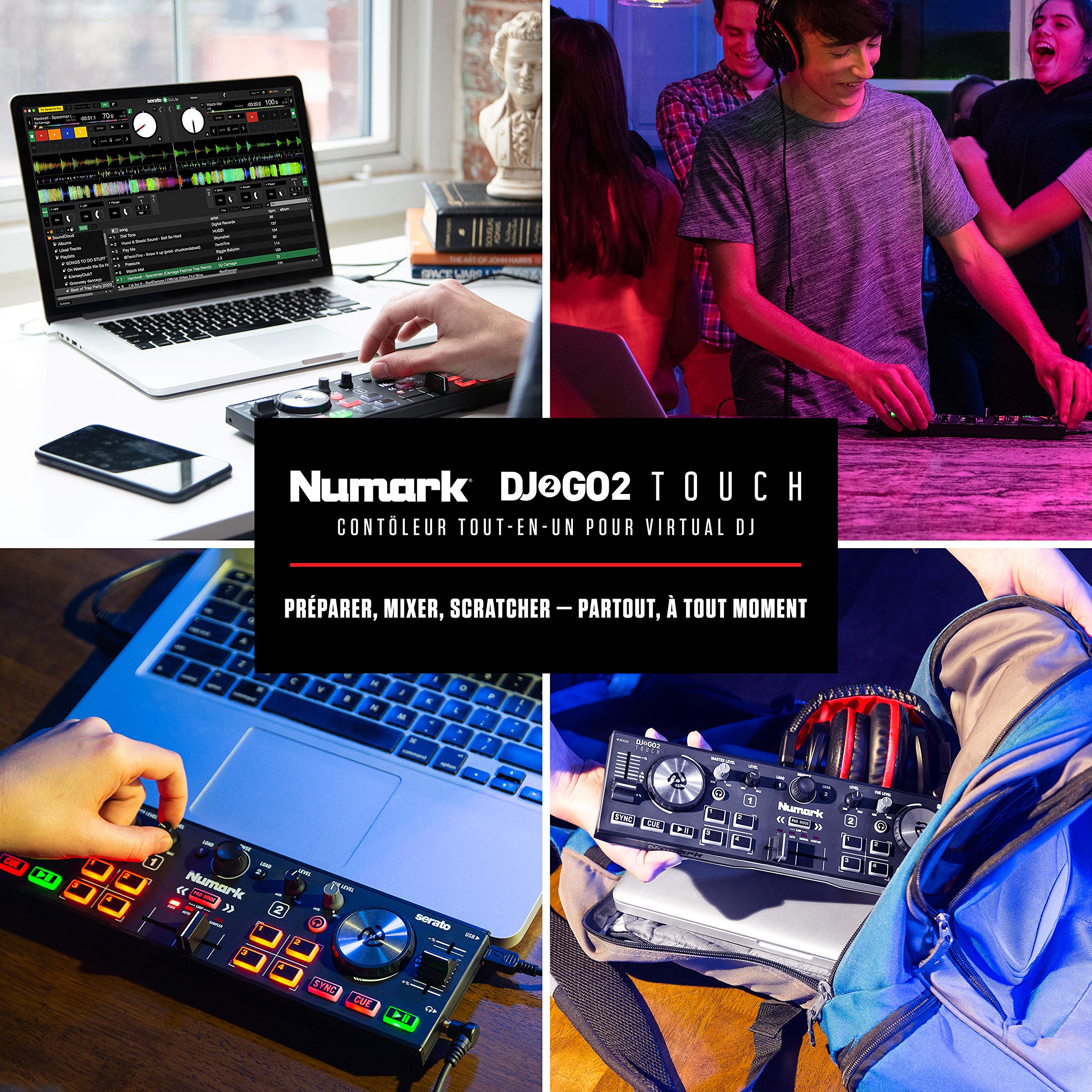 Numark DJ2GO2 Touch Controleur DJ 2 Canaux Portable avec Table de Mixage et Carte Son Intégrées et Platines Tactiles, Livré avec Serato DJ Lite