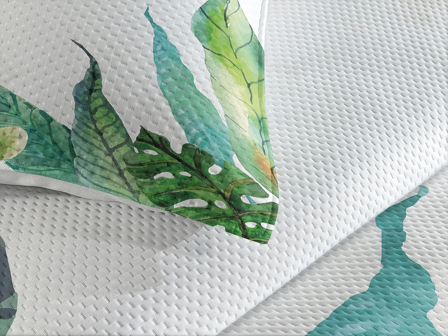Lunarable Leaf Coverlet Set King Size, Watercolor Hand Drawn Style Print Panda Banana Fragipani Tropical Trees Exotic Leaves, 3 Piece Decorative Quilted Bedspread Set with 2 Pillow Shams, White Green